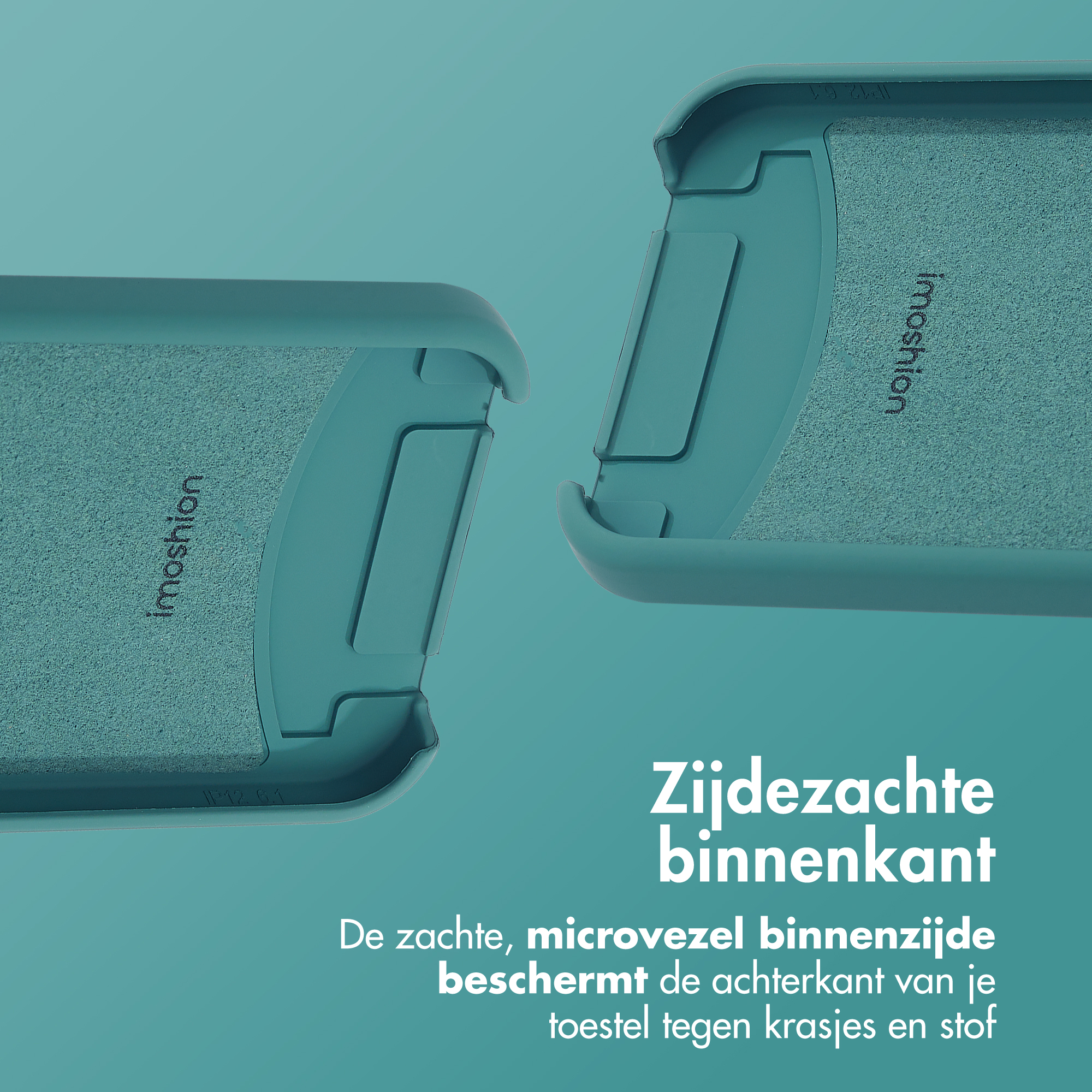 Twee turquoise telefoonhoesjes open, met zachte binnenkanten met het 'Imoshion' logo.
