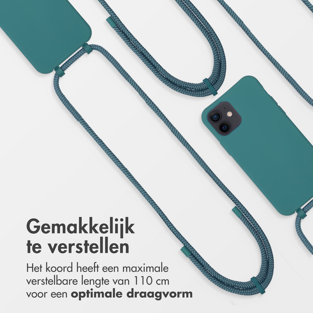 Telefoonhoesje met een koord bevestigd. Turquoise hoes en touw. Witte achtergrond.