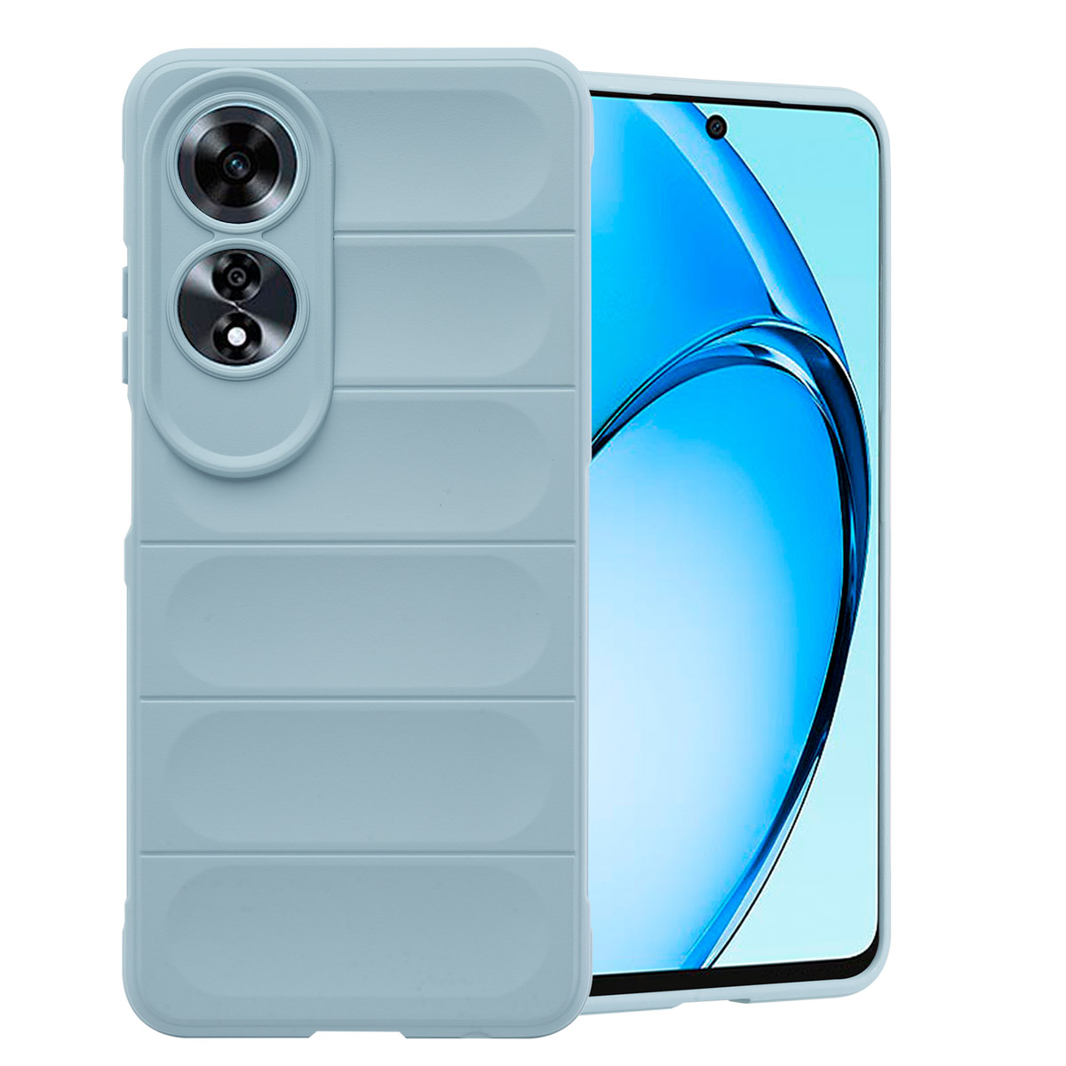 Coque de téléphone bleu clair avec des rainures, à côté d'un téléphone avec écran bleu.