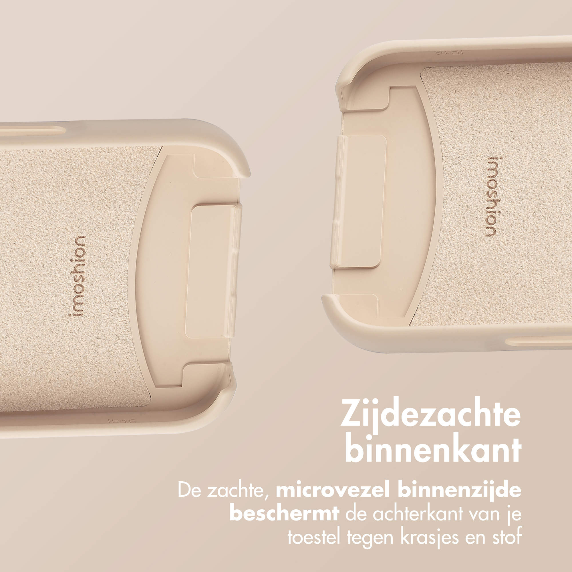 Intérieur beige de l'étui. Logo Imoshion. L'intérieur doux protège l'appareil des rayures.