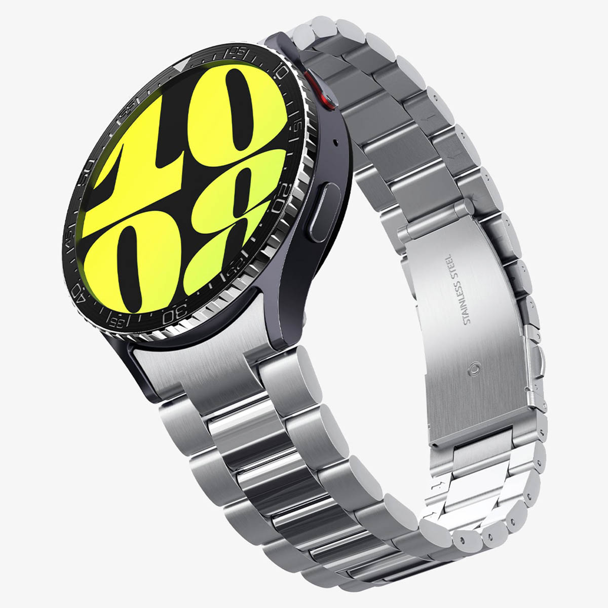 Zilveren smartwatch met een geel-zwart display. De band is van roestvrij staal.
