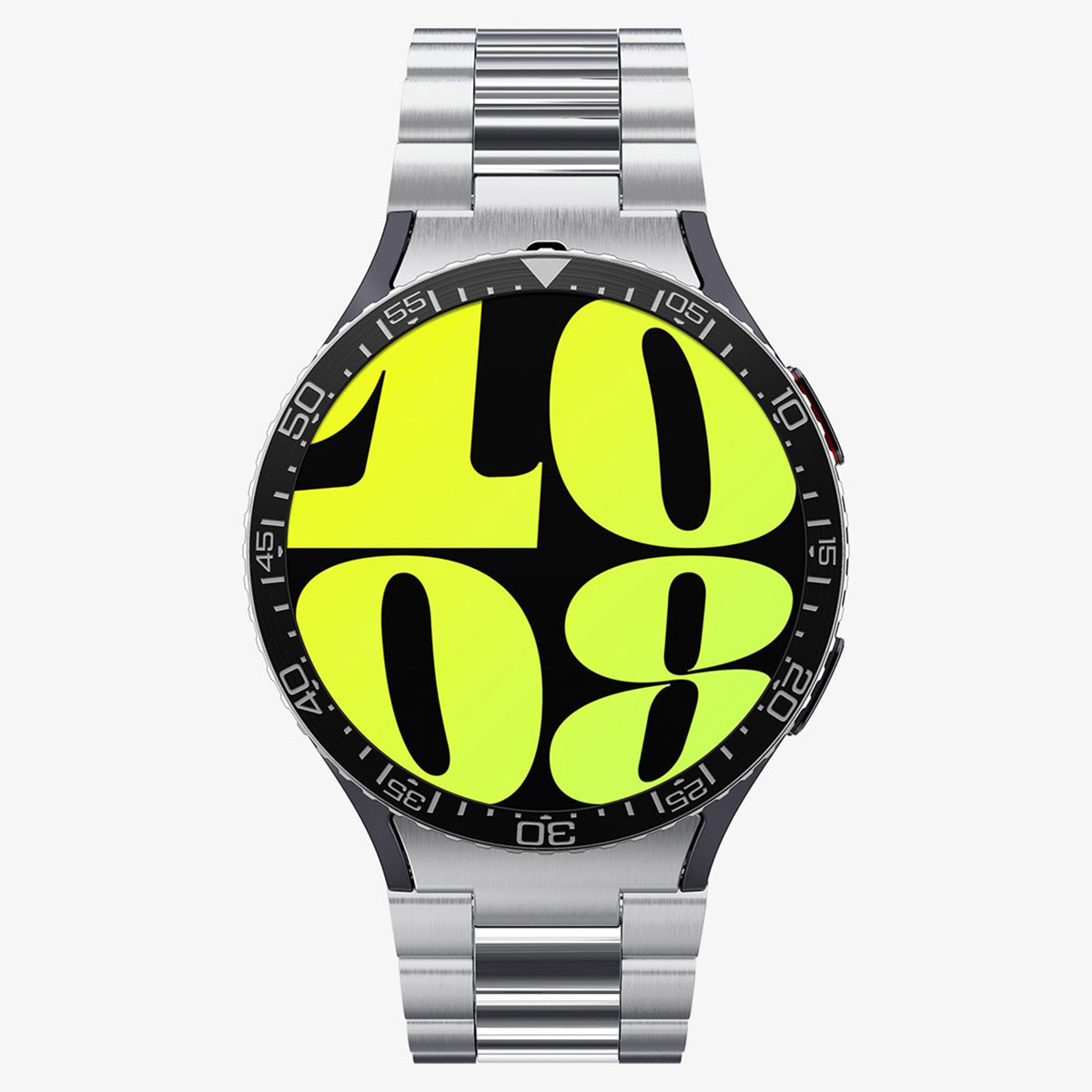 Close-up van een zilveren horloge met een zwart scherm. Het scherm toont de tijd in geel.