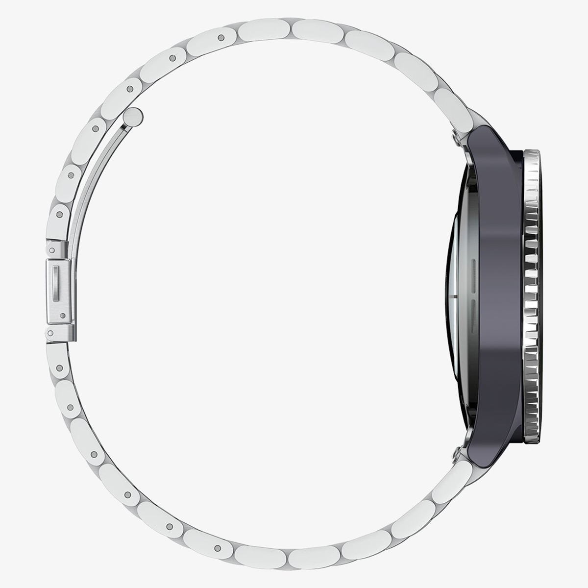 Zijaanzicht van een zwart smartwatch met zilveren band en ronde wijzerplaat.
