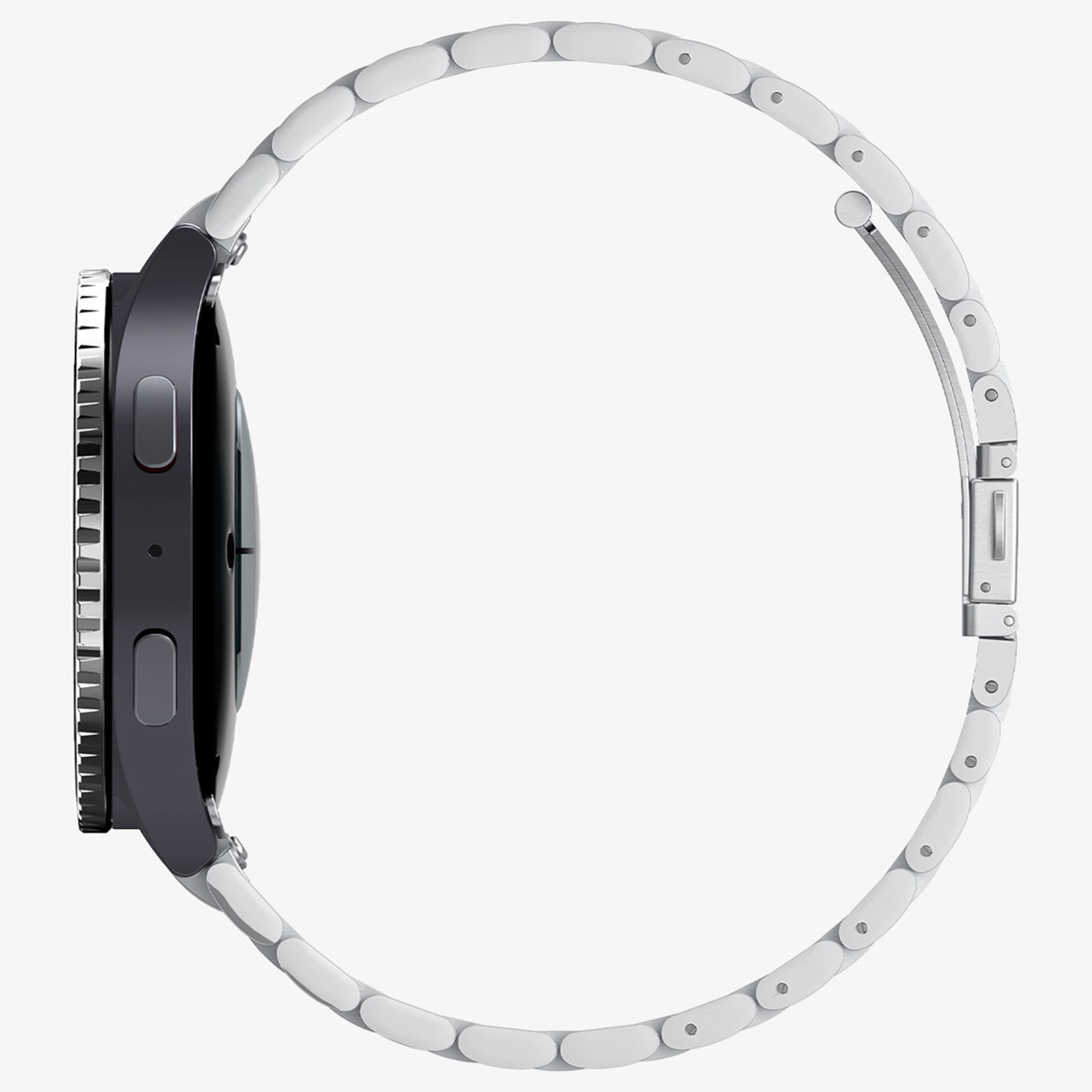 Een zilveren smartwatch met een zilveren band. Het horloge is in zijaanzicht.