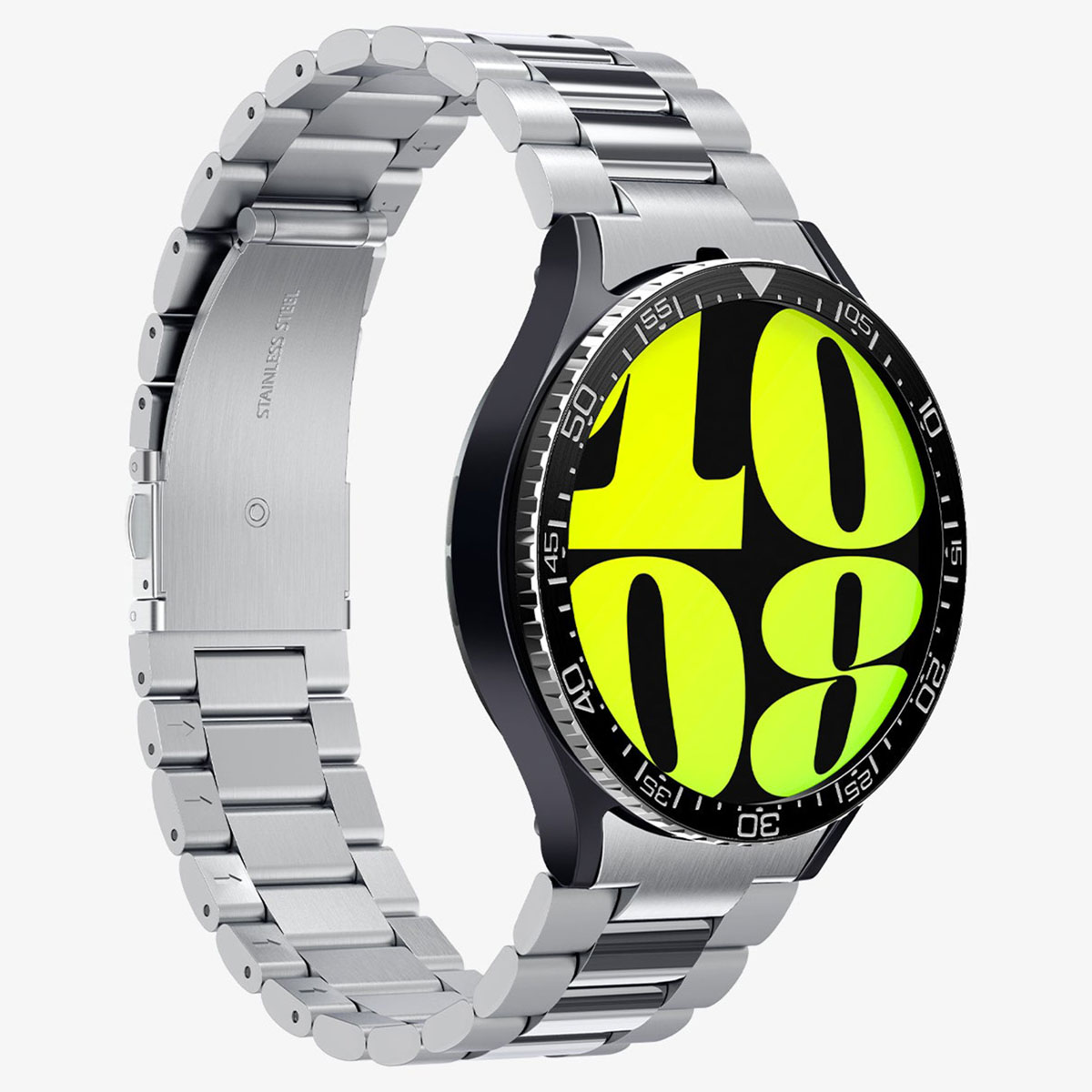 Zilveren smartwatch met een zwarte ring rond het scherm. Het scherm toont cijfers.