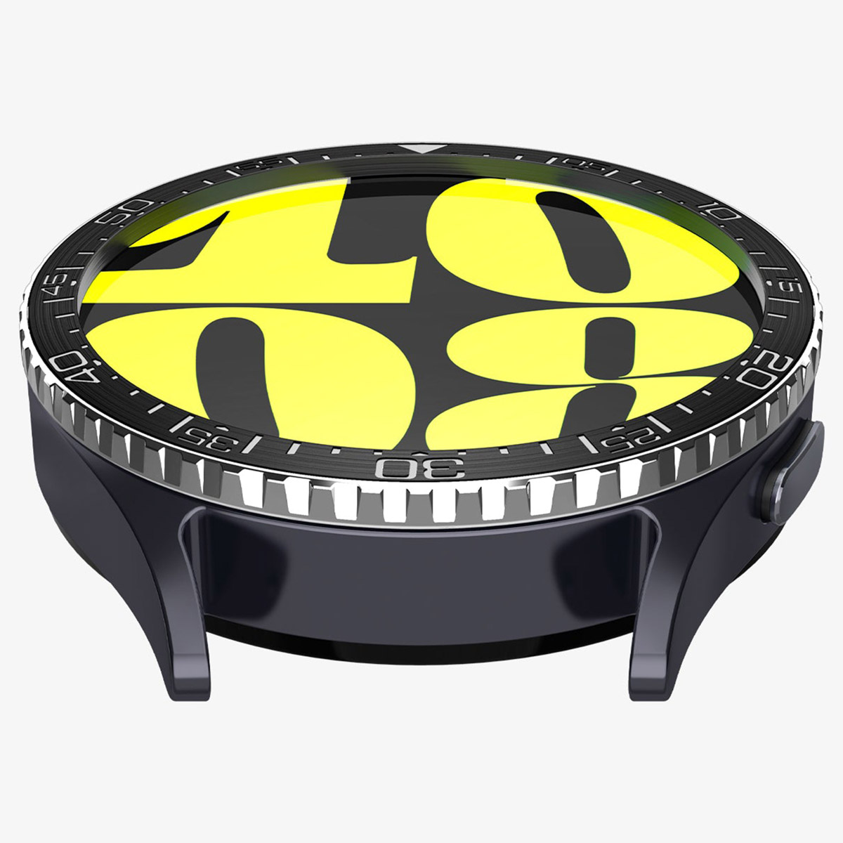 Zwarte en zilveren wijzerplaat met gele cijfers. Het horloge heeft een zwarte lunette en zwarte bandjes.