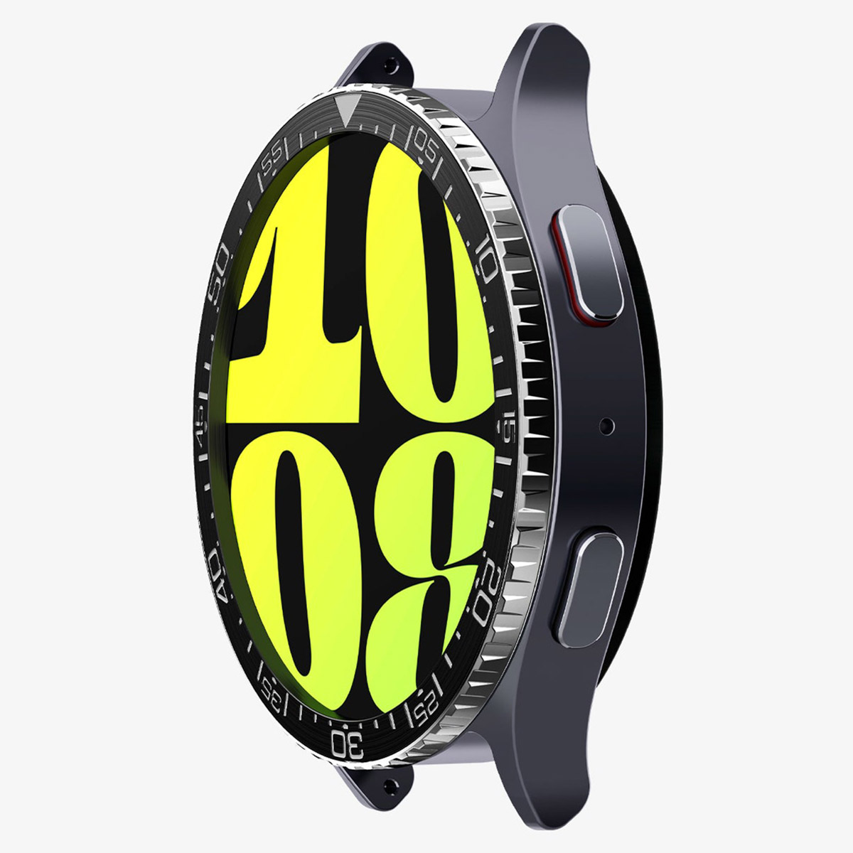 Een zwarte en zilveren smartwatch met een gele display die de tijd weergeeft.