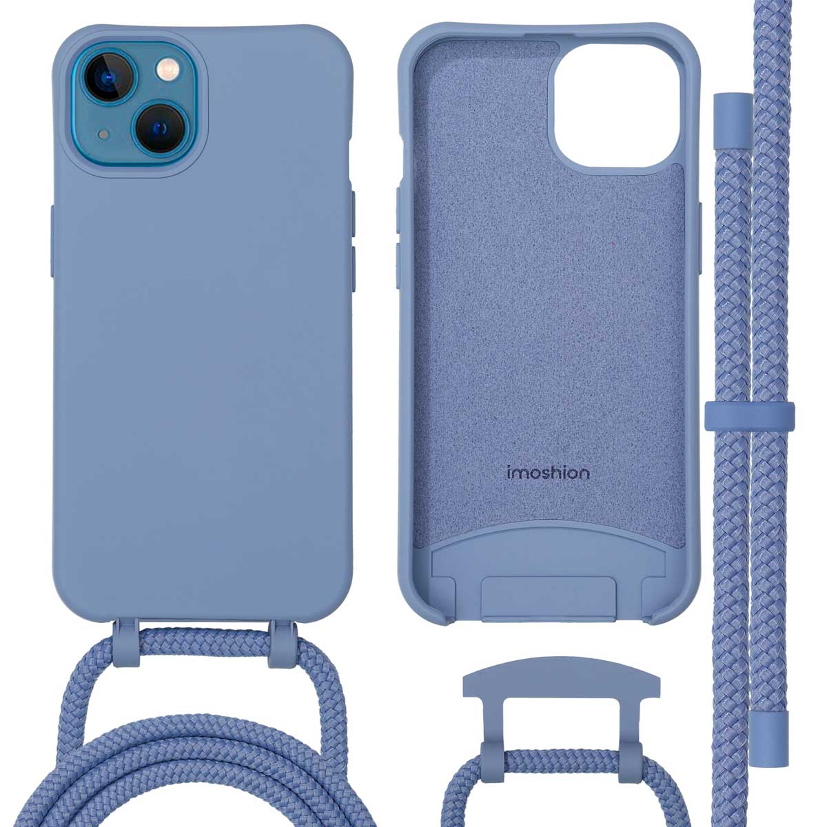 Étui de téléphone bleu avec une sangle bleue. Le téléphone est un smartphone moderne. Isolé sur blanc.