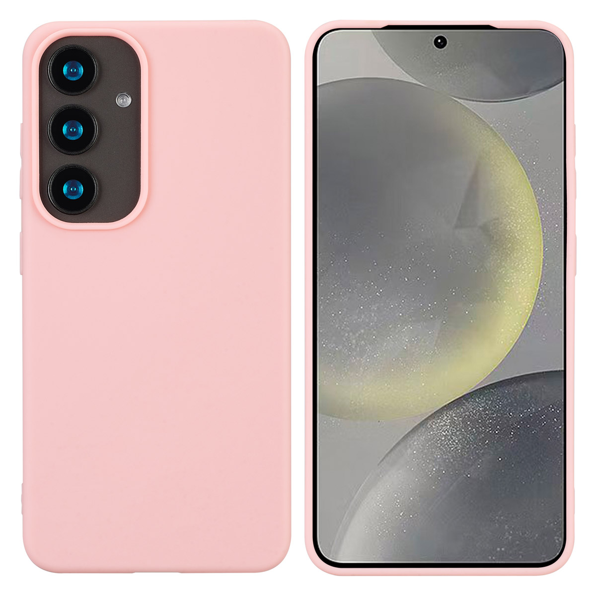 Coque de téléphone rose avec trois lentilles de caméra. Téléphone avec un écran flou.