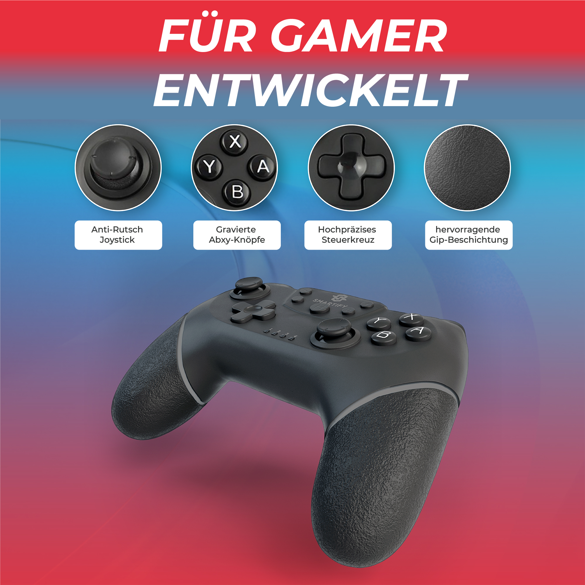 Schwarzer Gamecontroller mit beschrifteten Tasten, Joystick, ABXY-Tasten und Richtungspad.