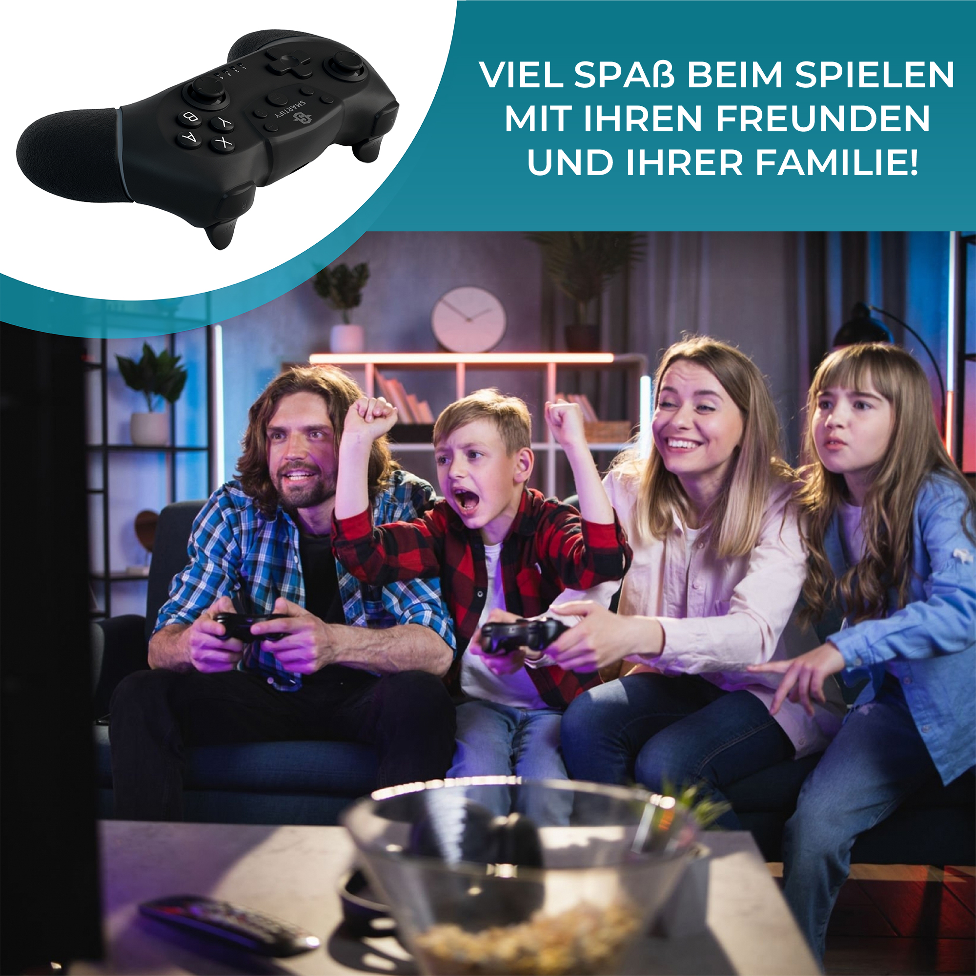 Eine Familie spielt ein Videospiel. Ein Controller befindet sich in der oberen linken Ecke des Bildes.