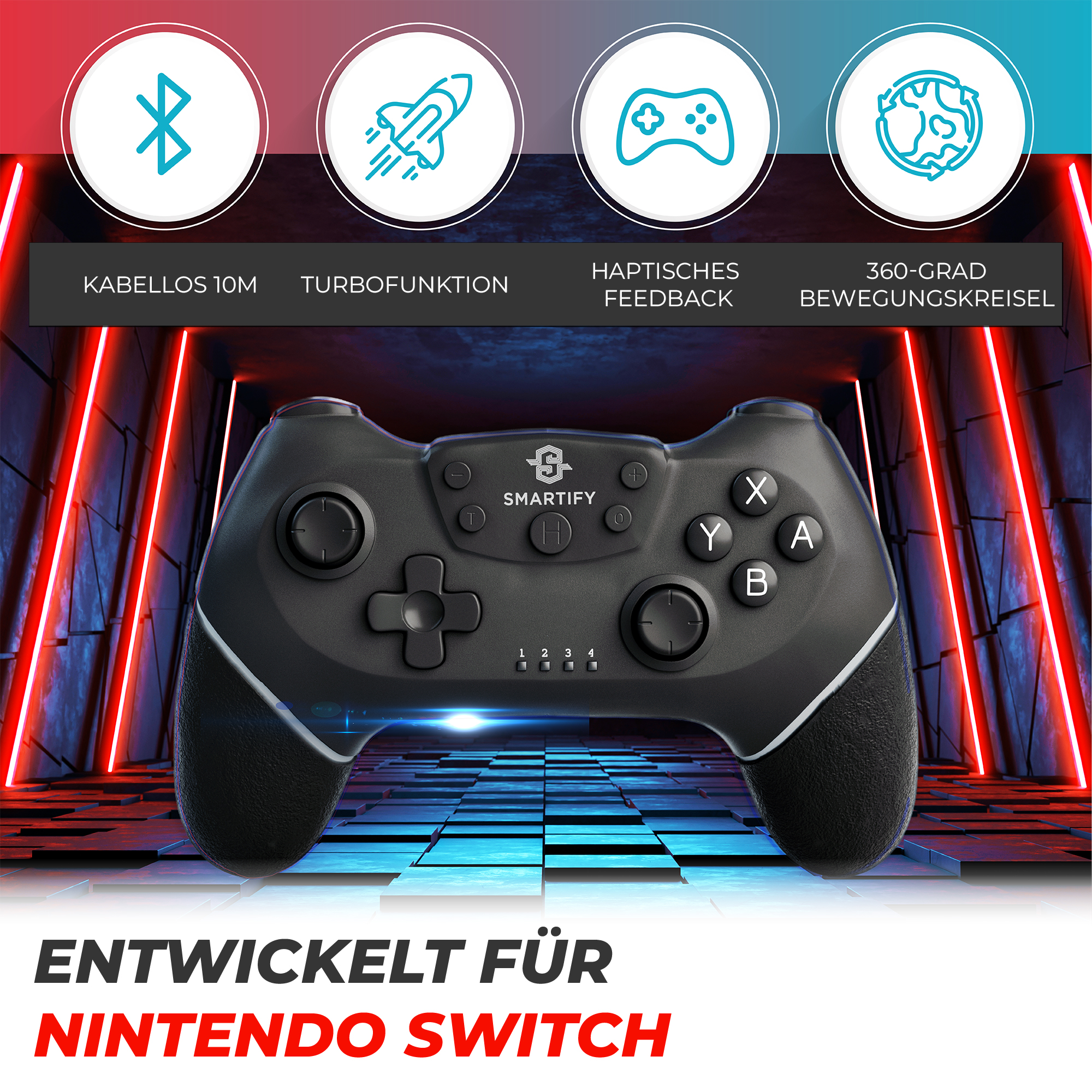 Schwarzer Gamecontroller mit verschiedenen Knöpfen und Symbolen. Text: Entwickelt für Nintendo Switch.