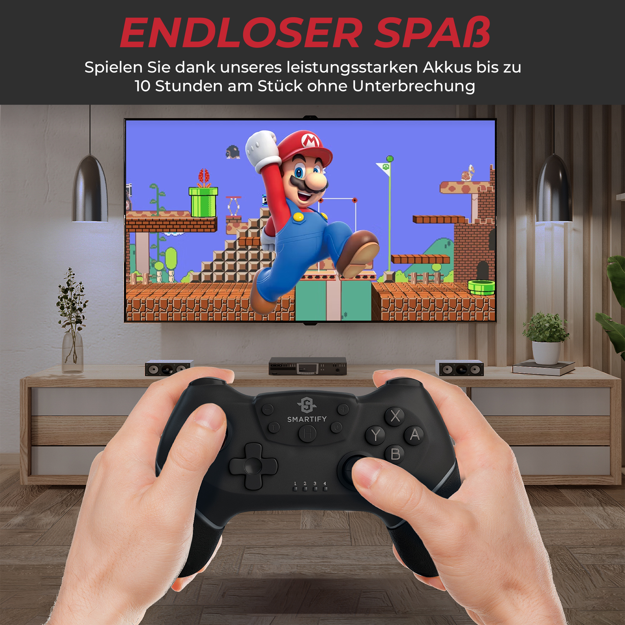 Hände halten einen schwarzen Gamecontroller. Ein Fernseher zeigt ein Mario-Spiel. Hintergrund mit Schrank und Lautsprechern.