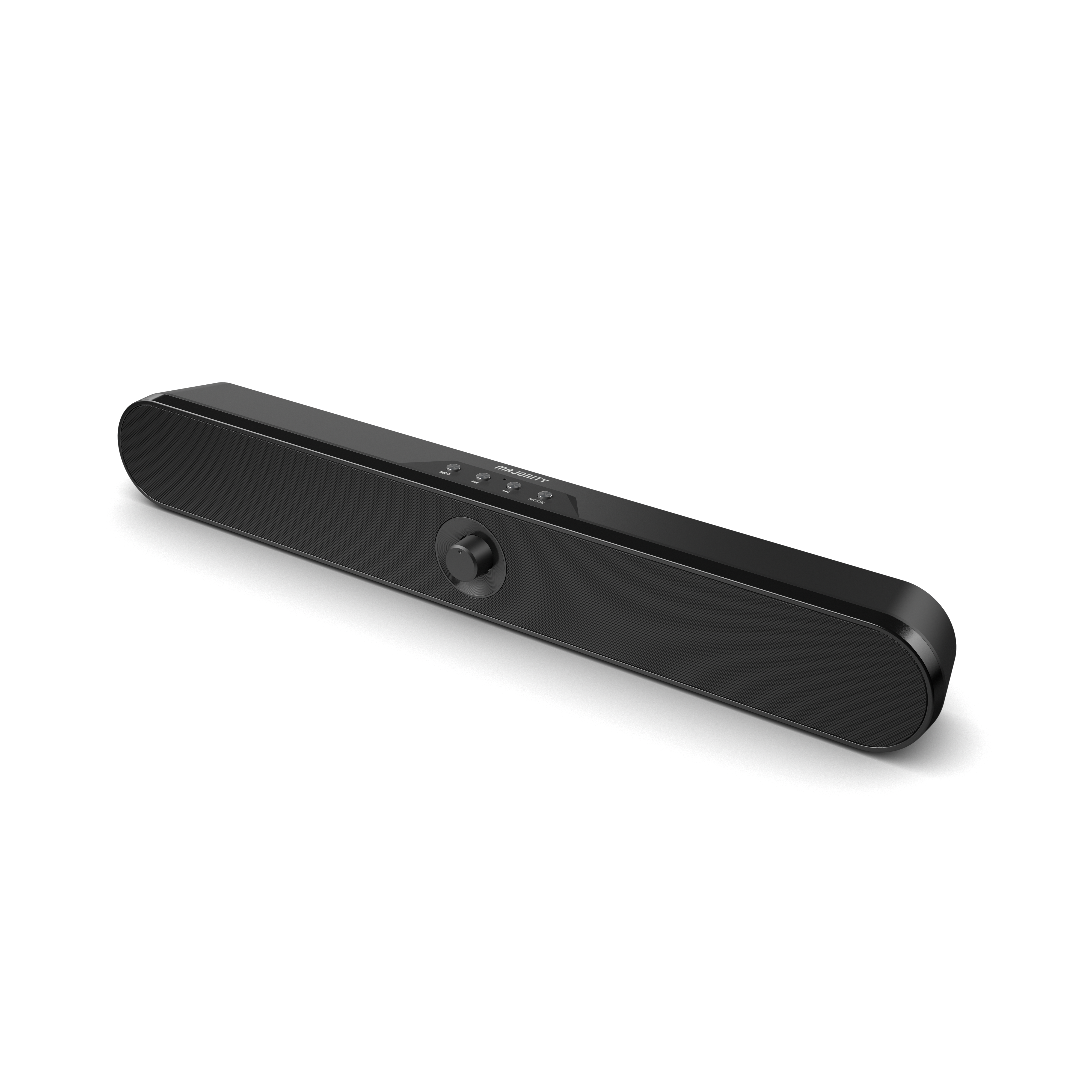 Een zwarte soundbar-luidspreker. Hij is lang en rechthoekig, met een centrale volumeknop en diverse knoppen.