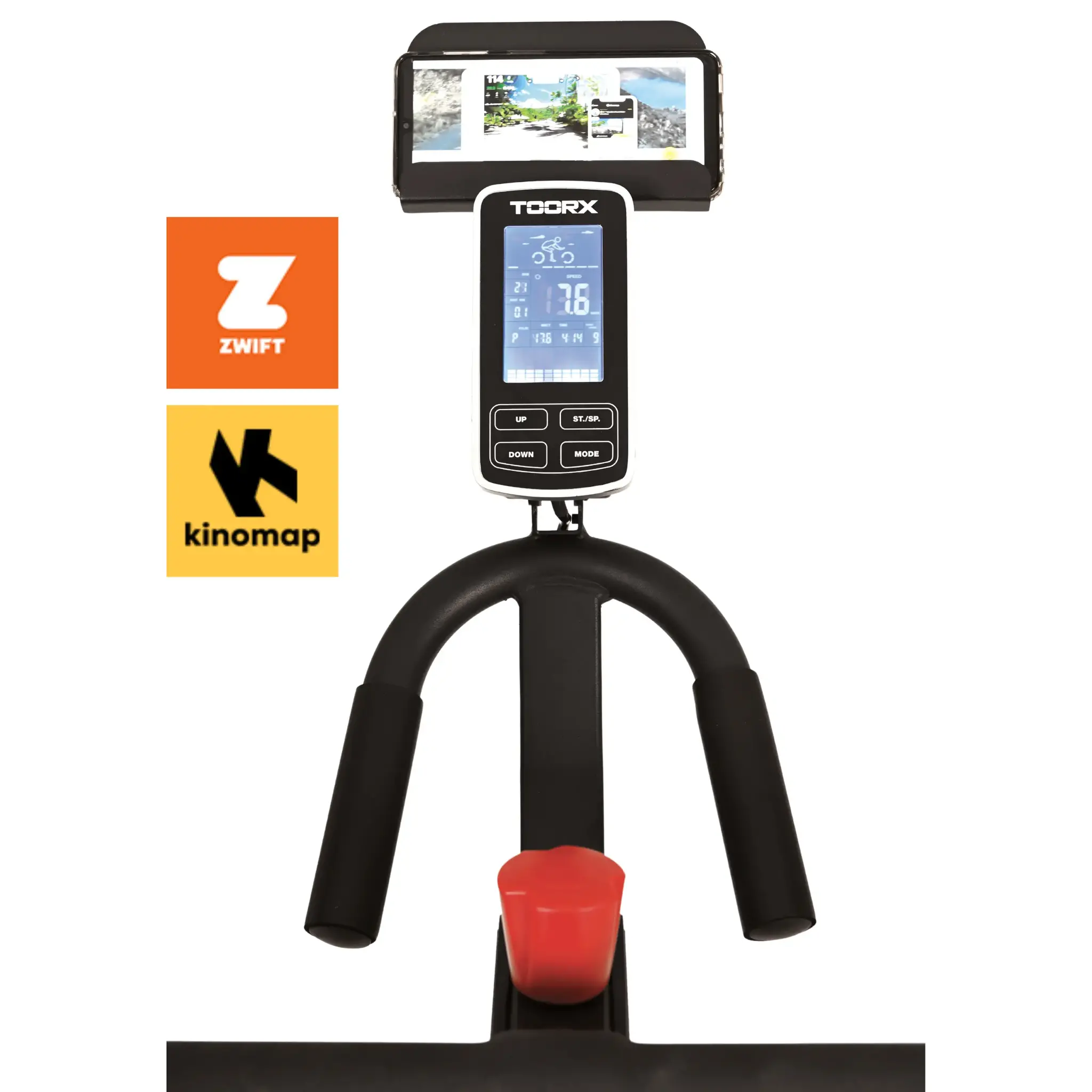 Hometrainer met een tablet met een fietsapp interface, met logo's.