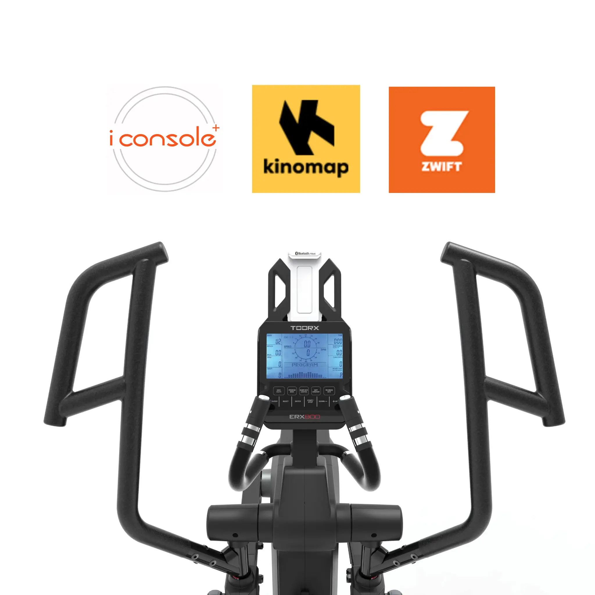 Ein Trainingsgerät mit Digitalanzeige und drei App-Logos darüber.