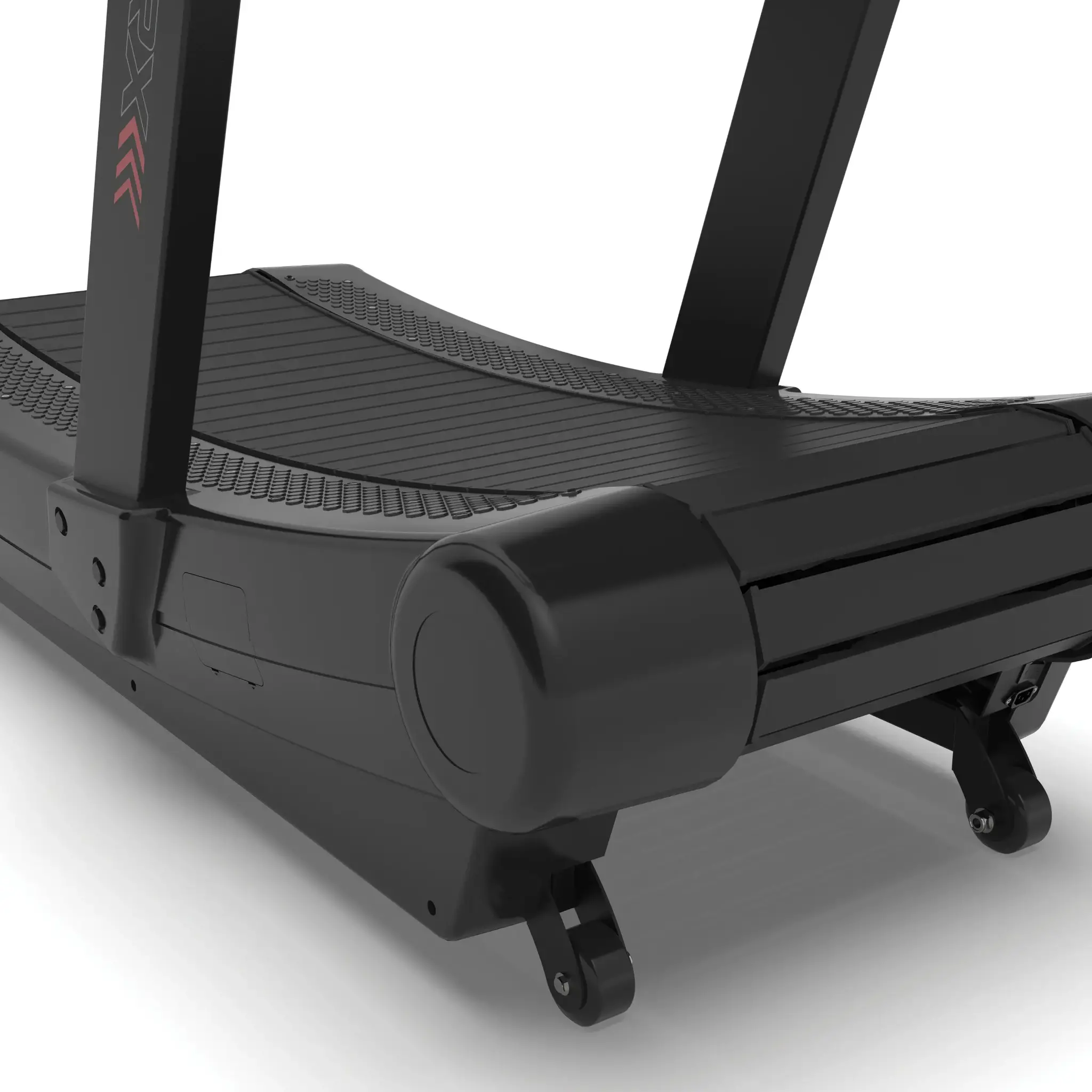 Close-up of a black treadmill machine. The treadmill is on a white background.