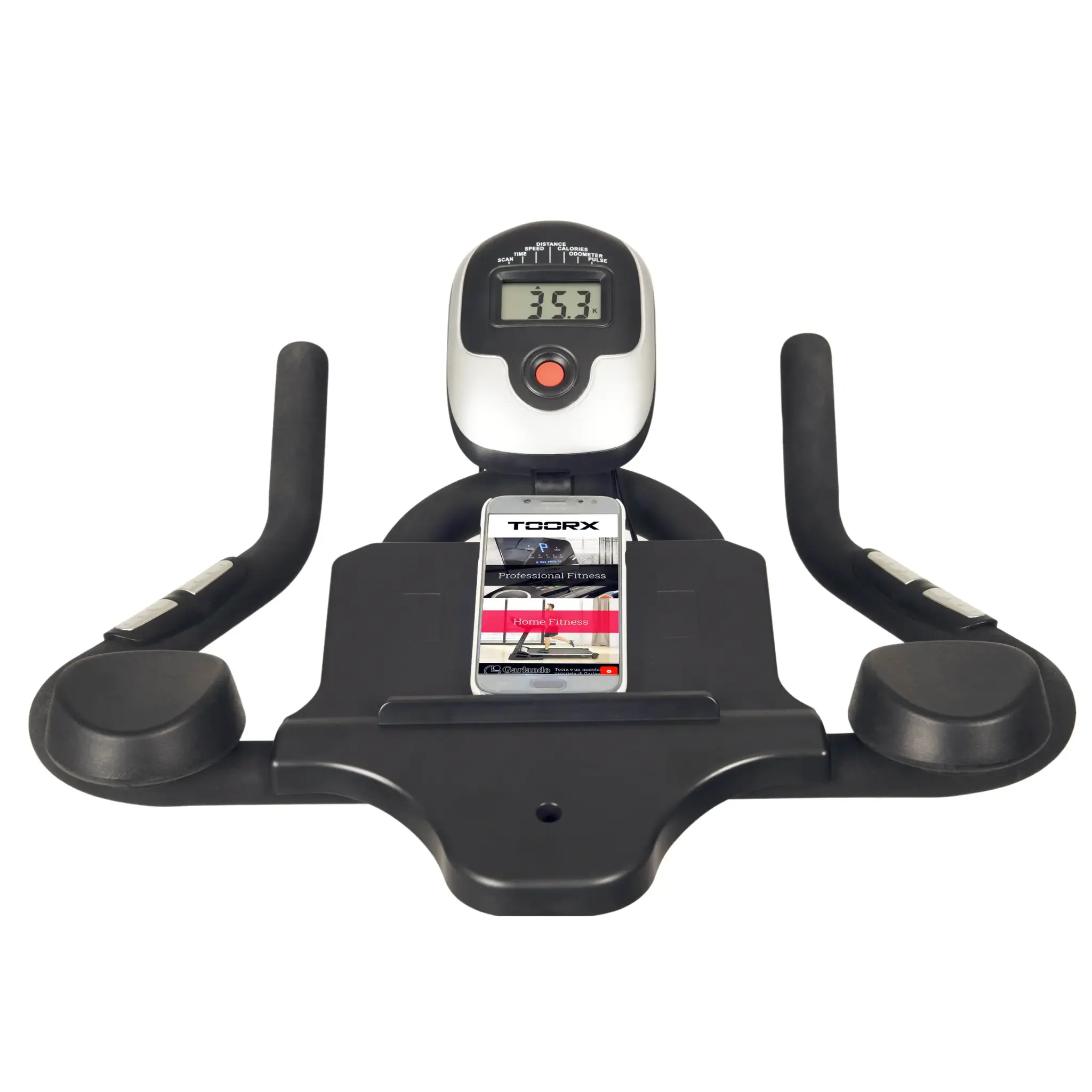 Console van een hometrainer met een digitaal scherm met 35.3 en een telefoon. Zwart, met knoppen.