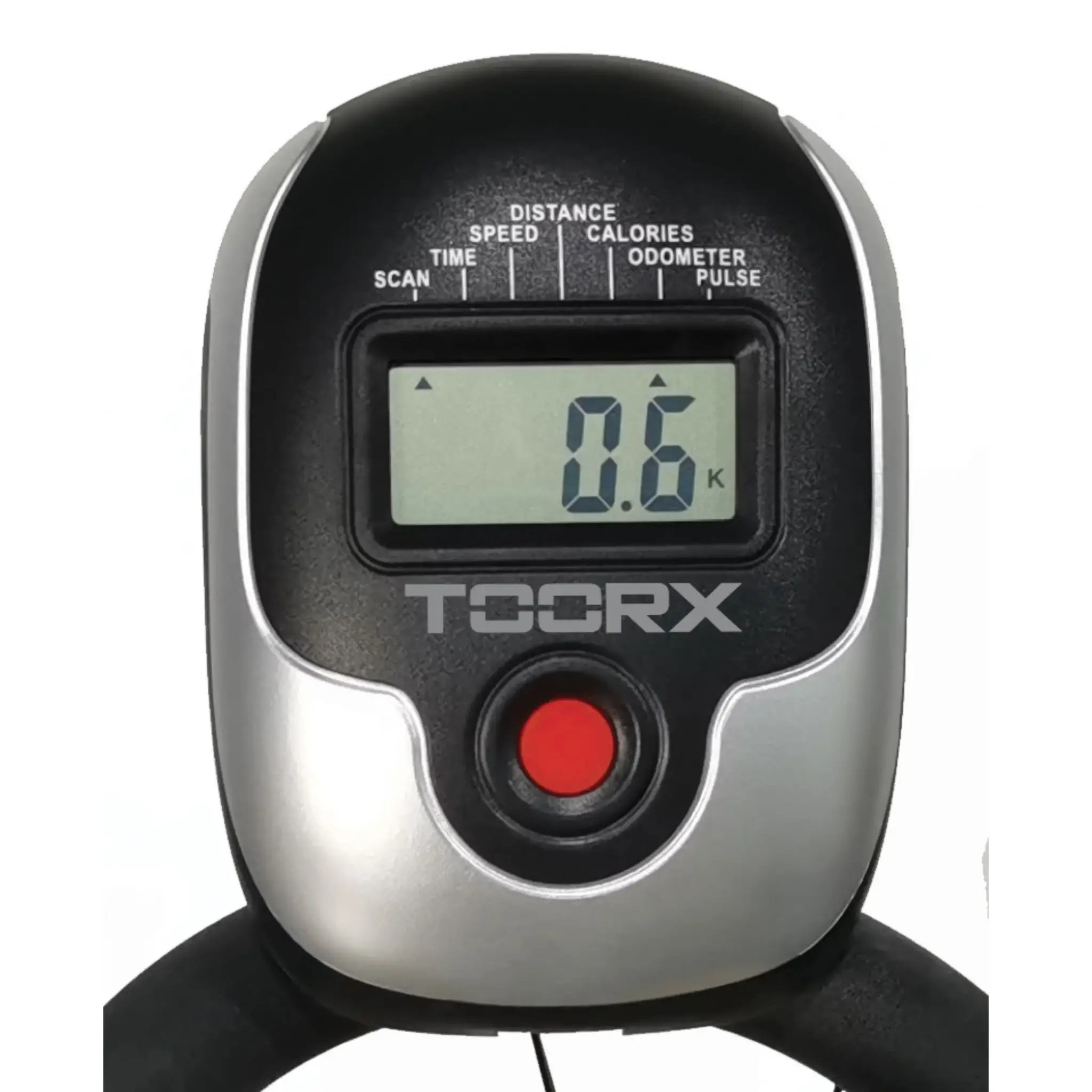 Zwarte en zilveren fitnesstracker met een digitaal display met nummers.