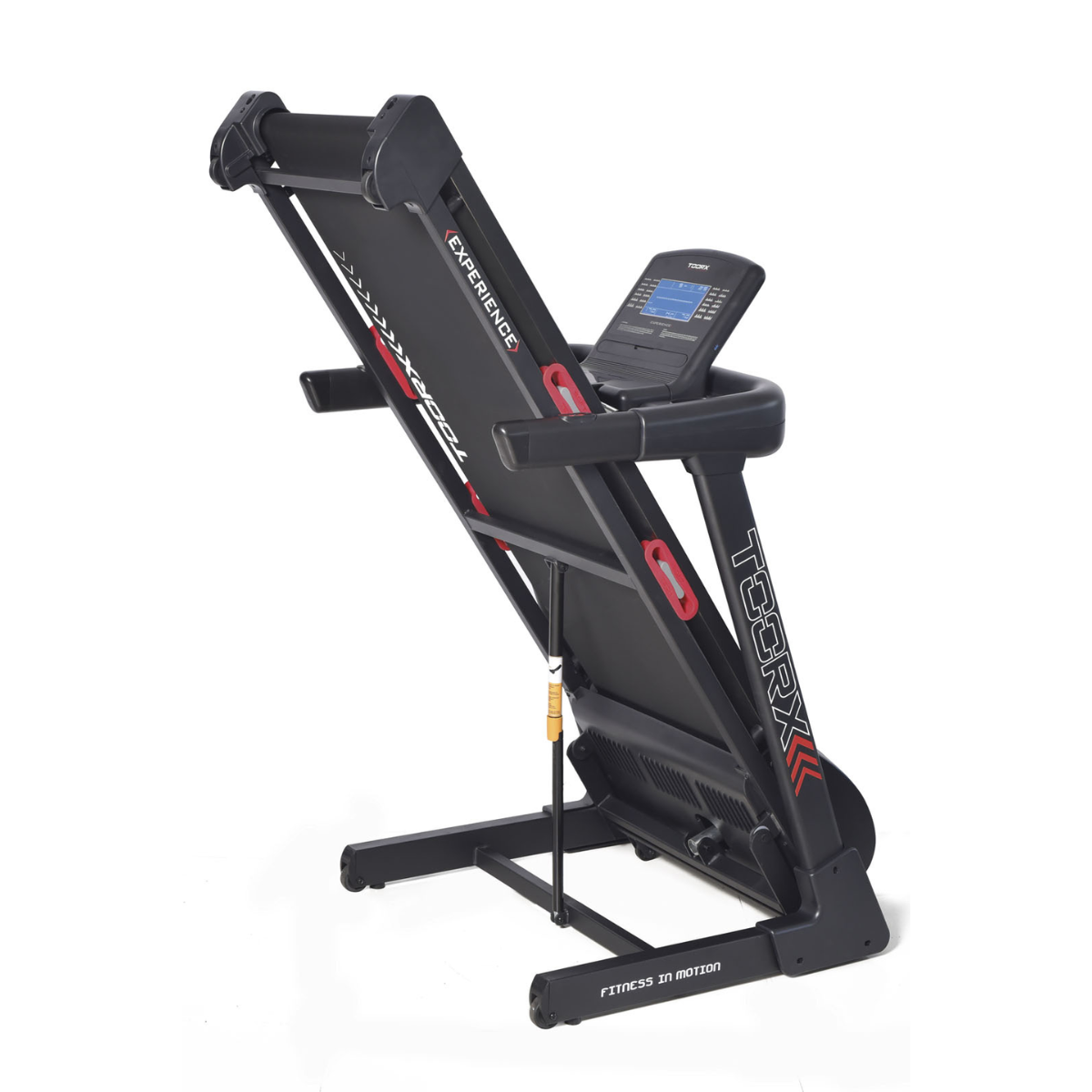Treadmill on white background. Black and red color scheme, with a digital display.