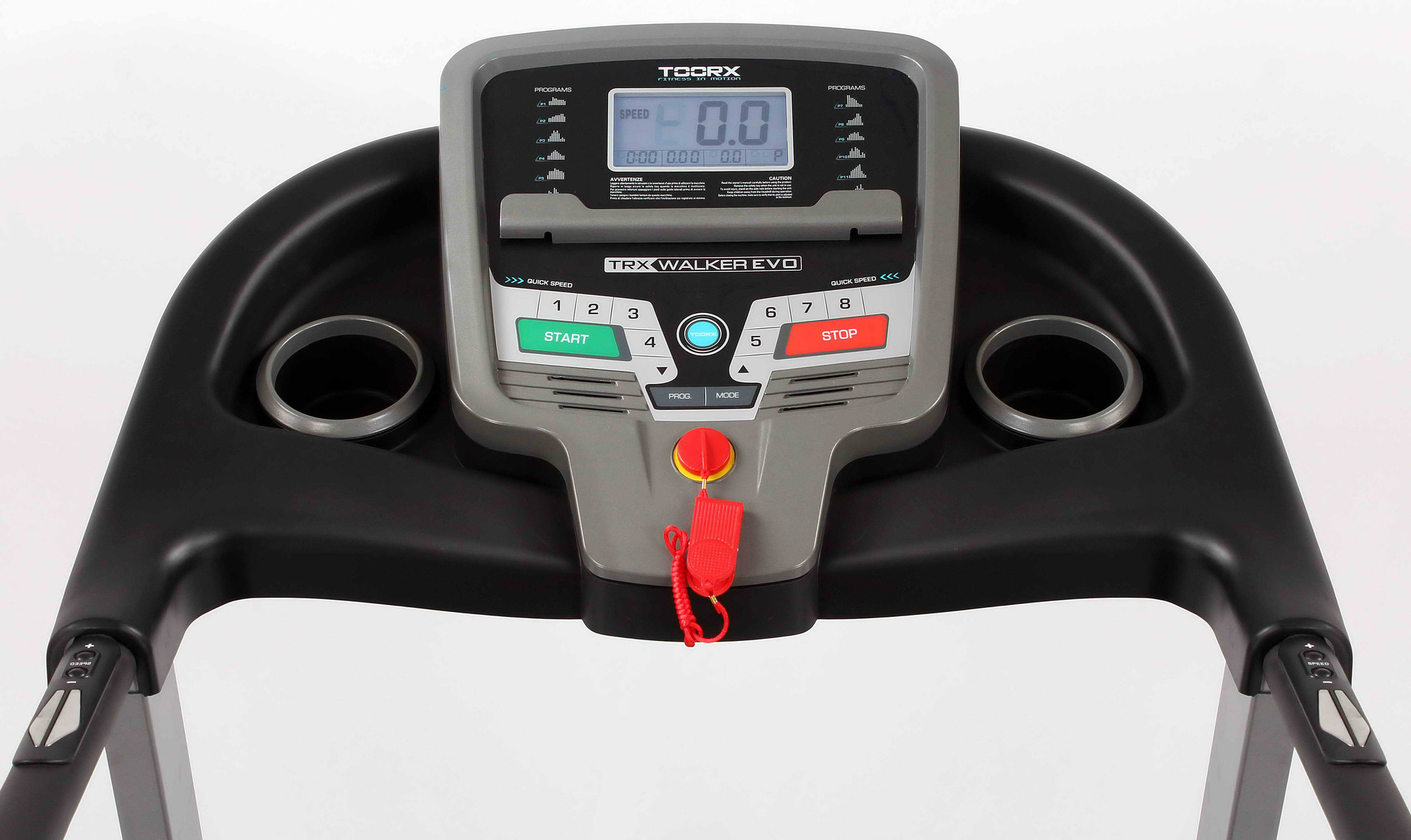 Laufbandkonsole mit Start/Stopp-Tasten, Display und Getränkehaltern. Marke TOORX.