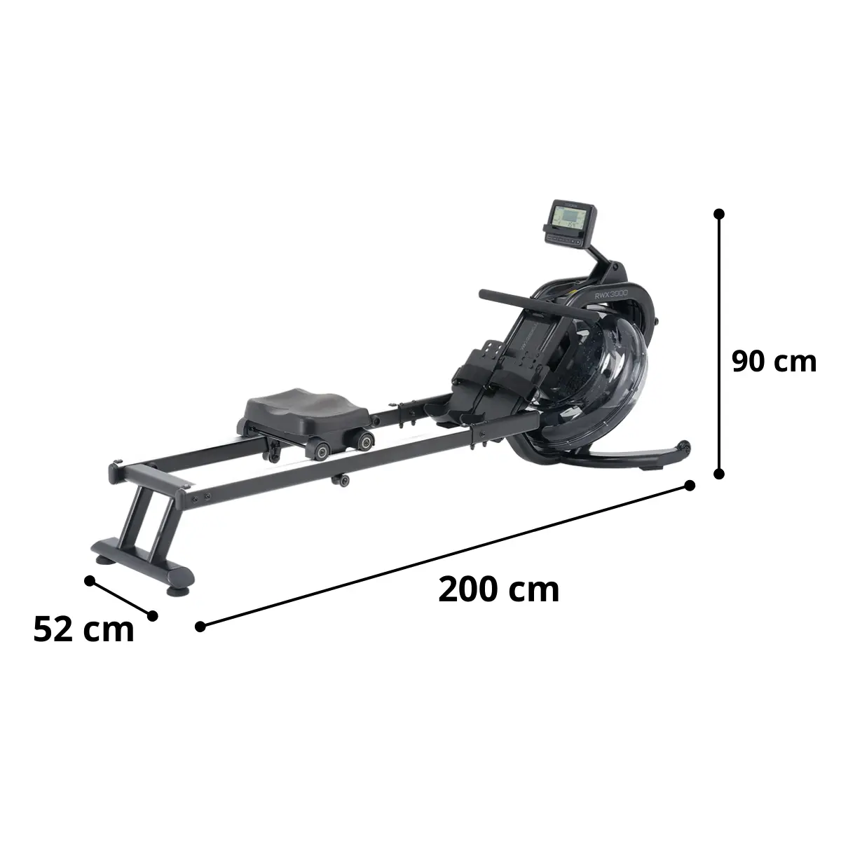 Schwarze Rudermaschine mit beschrifteten Abmessungen. Weißer Hintergrund.