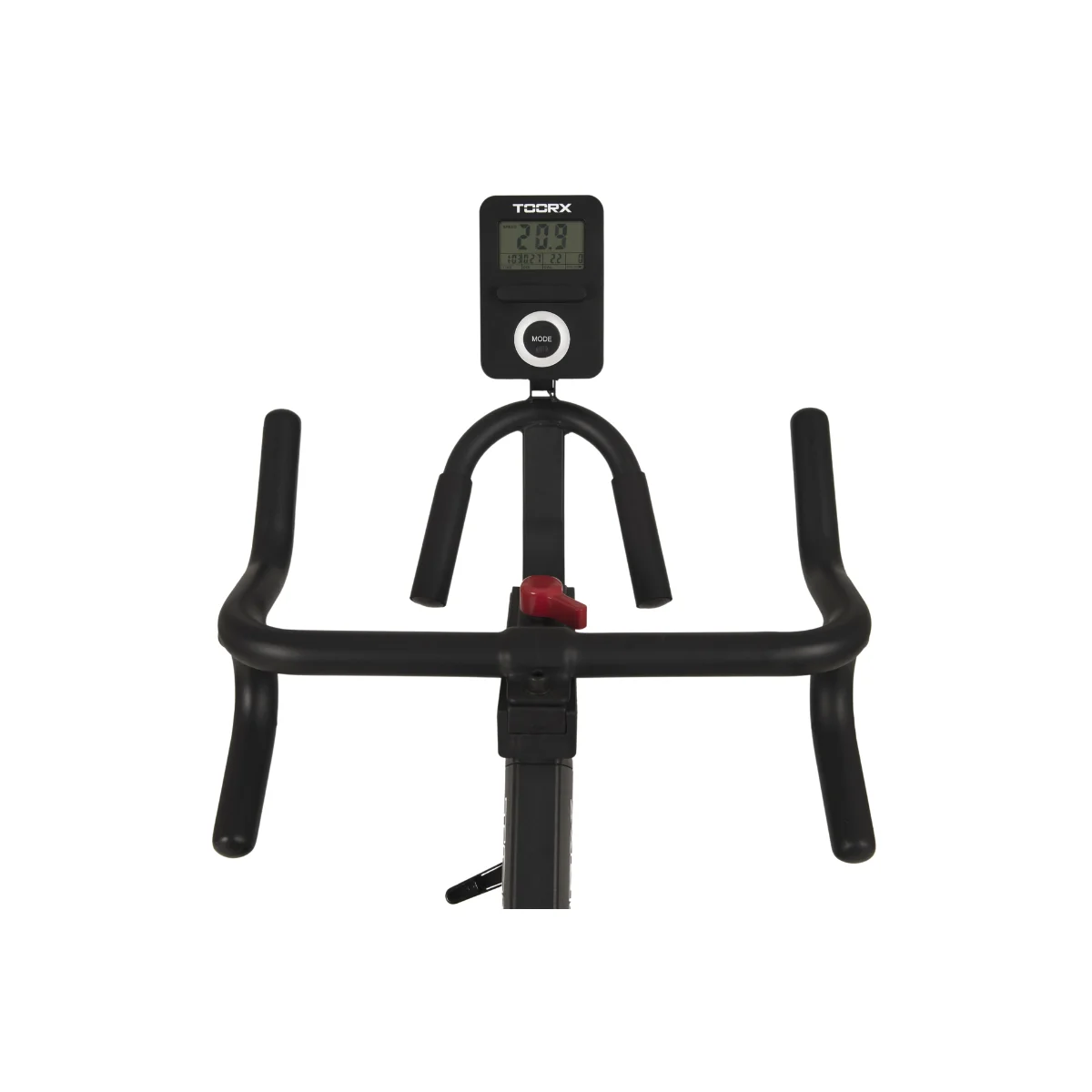 Fahrradlenker und Display. Schwarze Griffe und Display. Weißer Hintergrund.