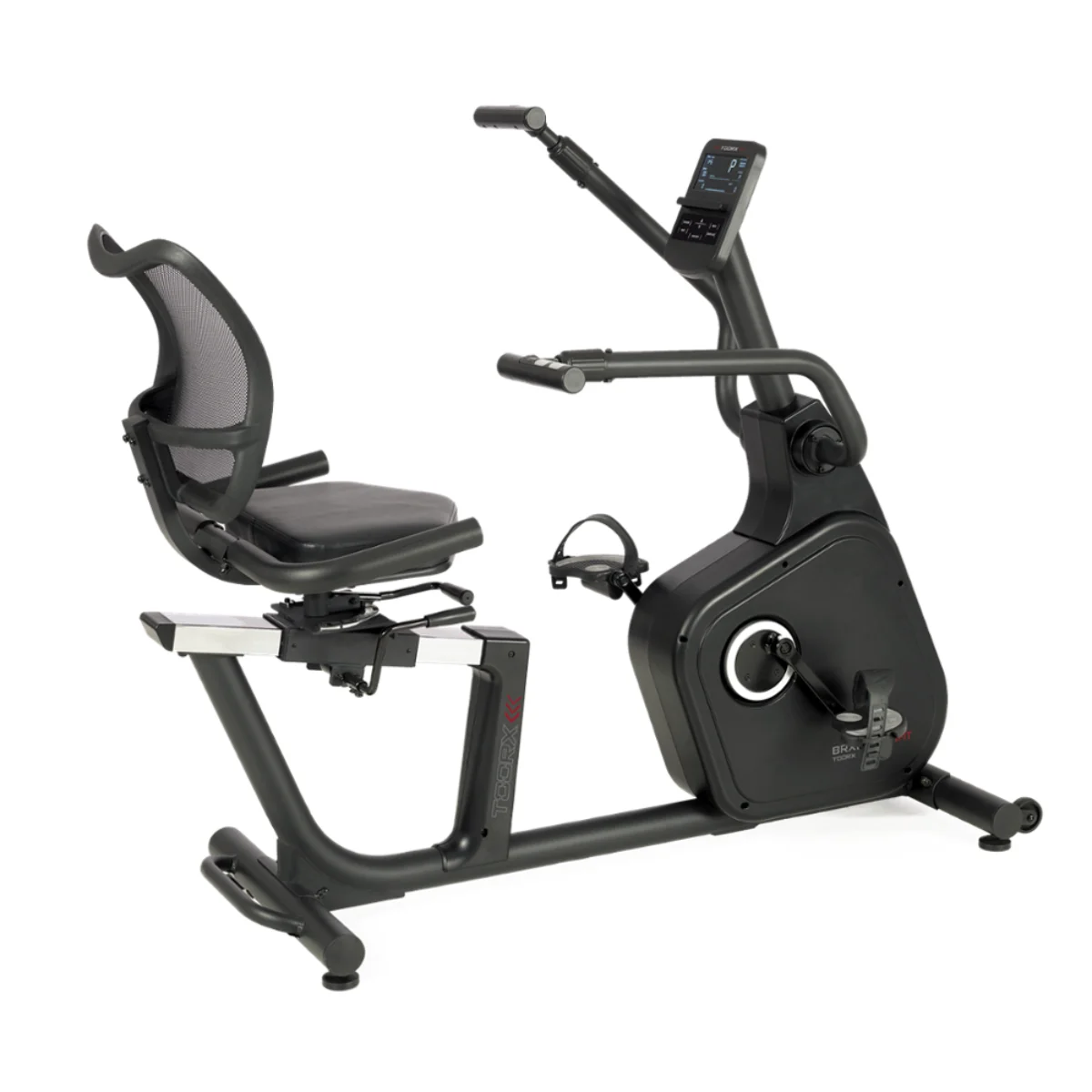 Black recumbent exercise bike with a mesh seat and digital display.