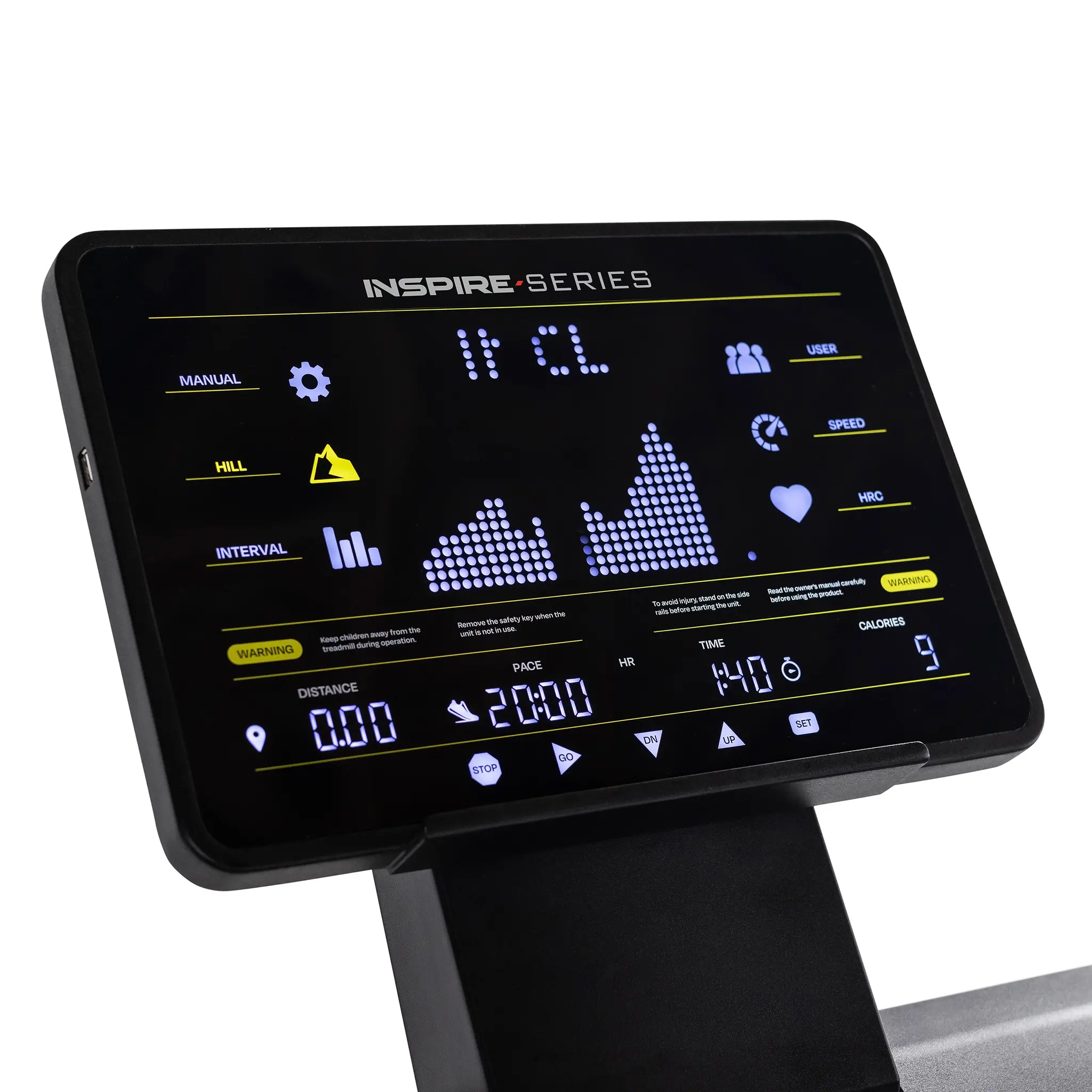Black treadmill console displaying workout data. Shows distance, pace, time, and calories.