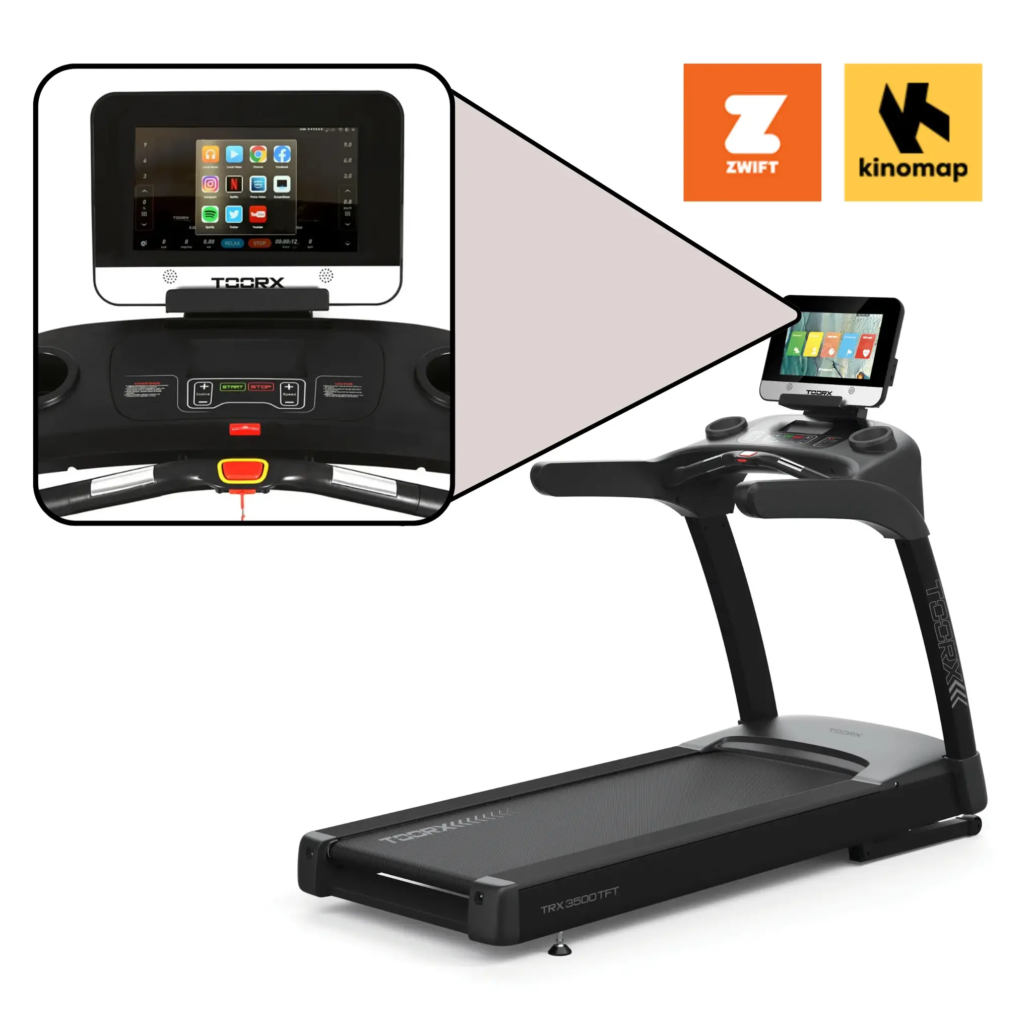 Treadmill with a screen showing apps, zoom in. Zwift and Kinomap logos are displayed.