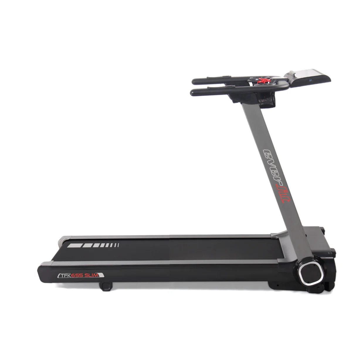 Treadmill with a digital display. Gray and black with red accents. White background.