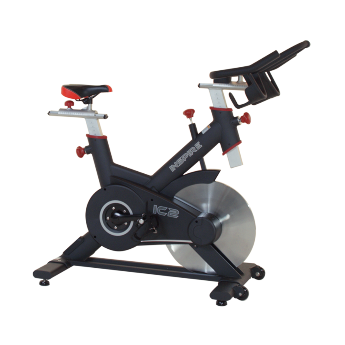 Stationaire hometrainer. Zwart en rood. Witte achtergrond.