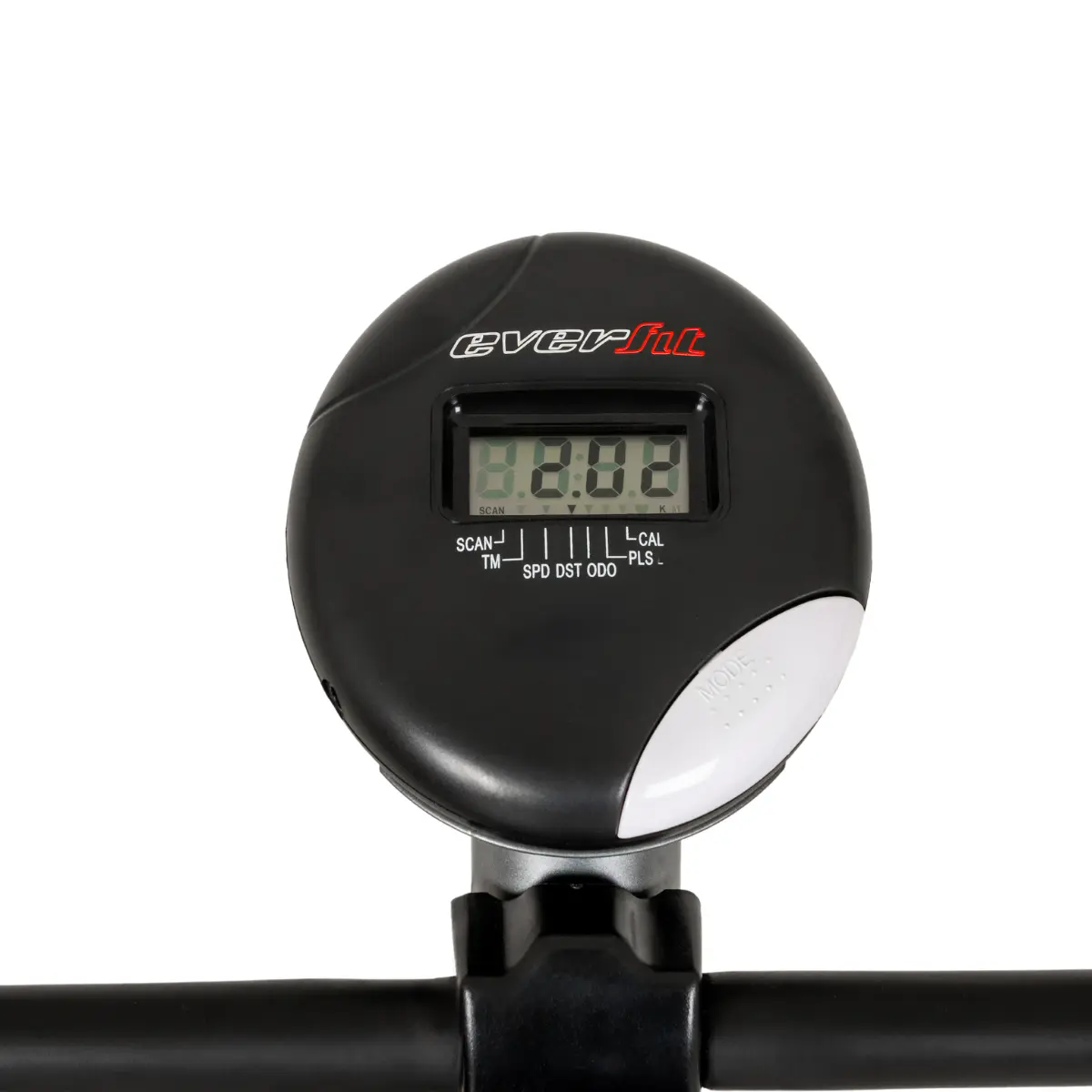 Display in bianco e nero con numeri e parole, che è un fitness tracker su sfondo bianco.