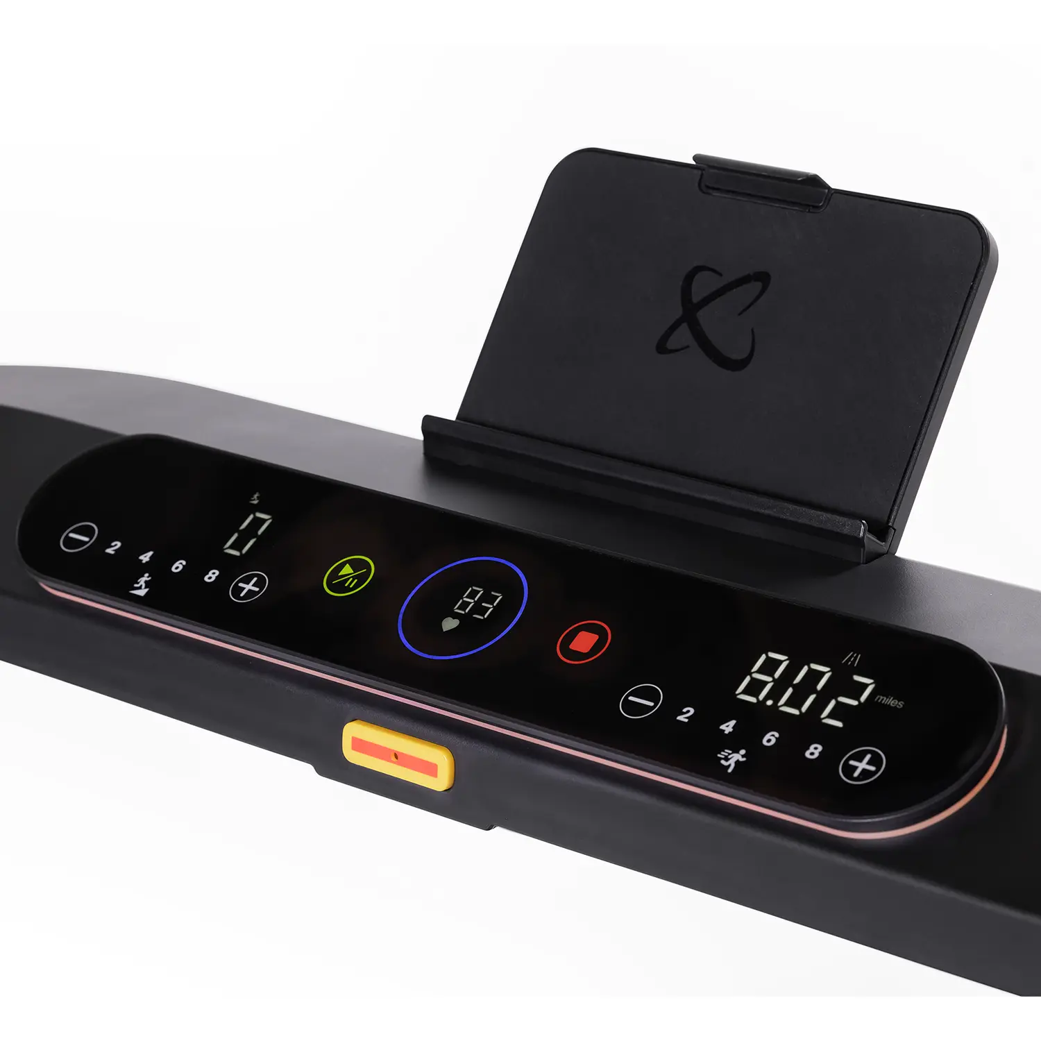 Black treadmill control panel with display showing speed and heart rate. A phone holder is above.
