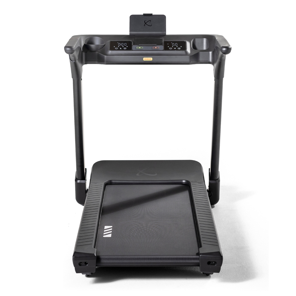 Black treadmill, front view, with digital displays and a handle bar.