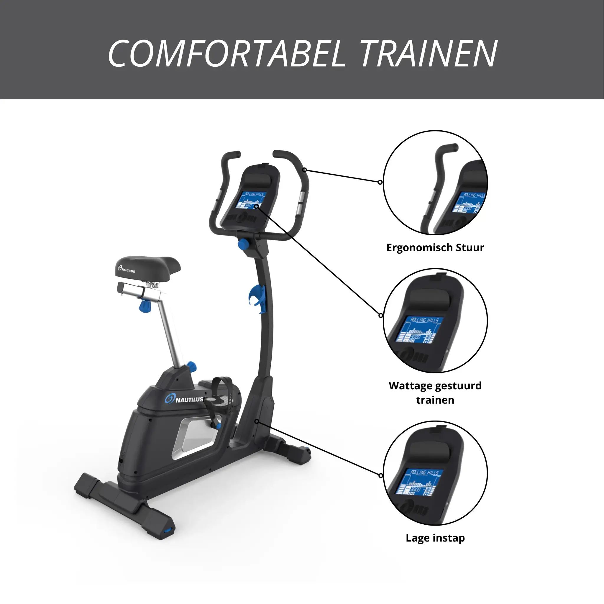 Heimtrainer mit Bildschirm und Beschriftungen für ergonomische Lenkung, Watt-Training und niedrigen Einstieg.