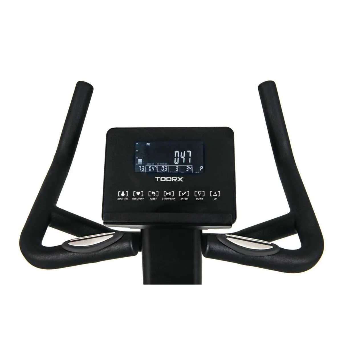 Die Konsole eines TOORX-Trainingsfahrrads. Sie hat ein digitales Display und Griffe auf beiden Seiten.