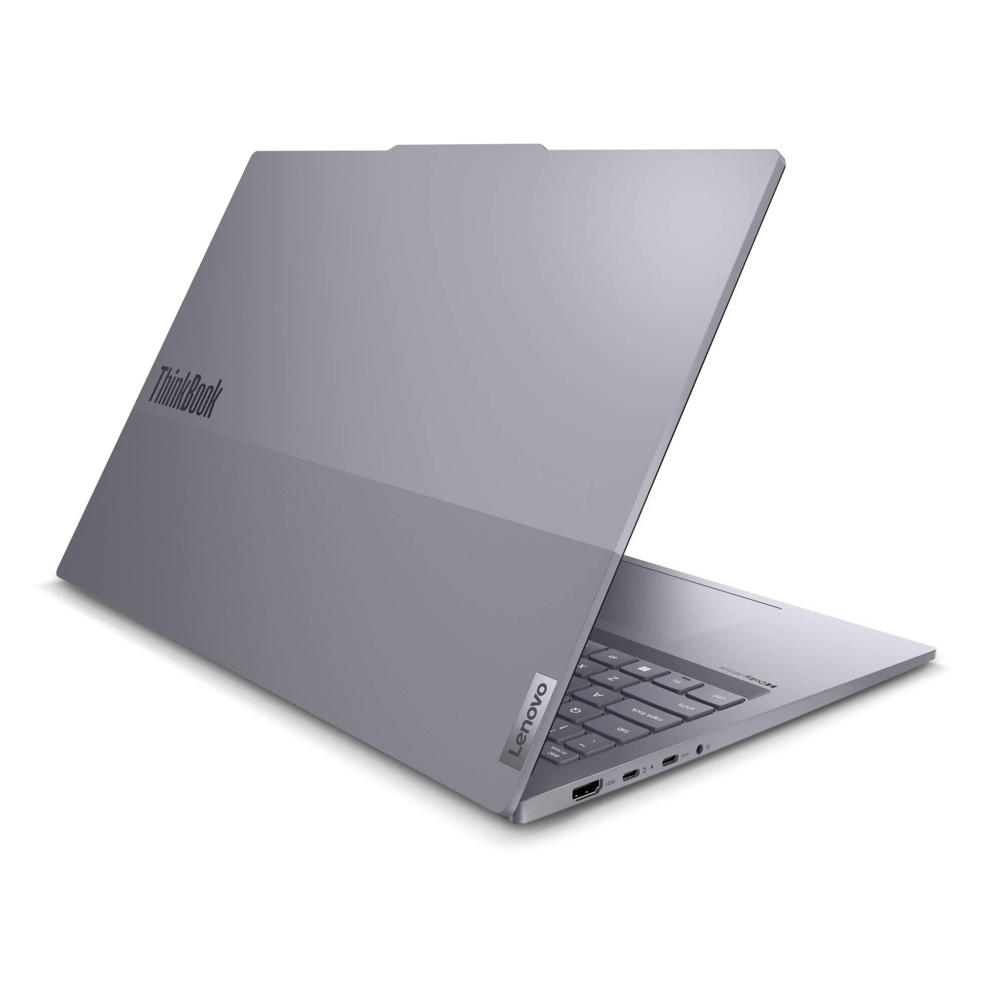 Laptop con logo Lenovo sul retro. Il laptop è argentato e parzialmente aperto.