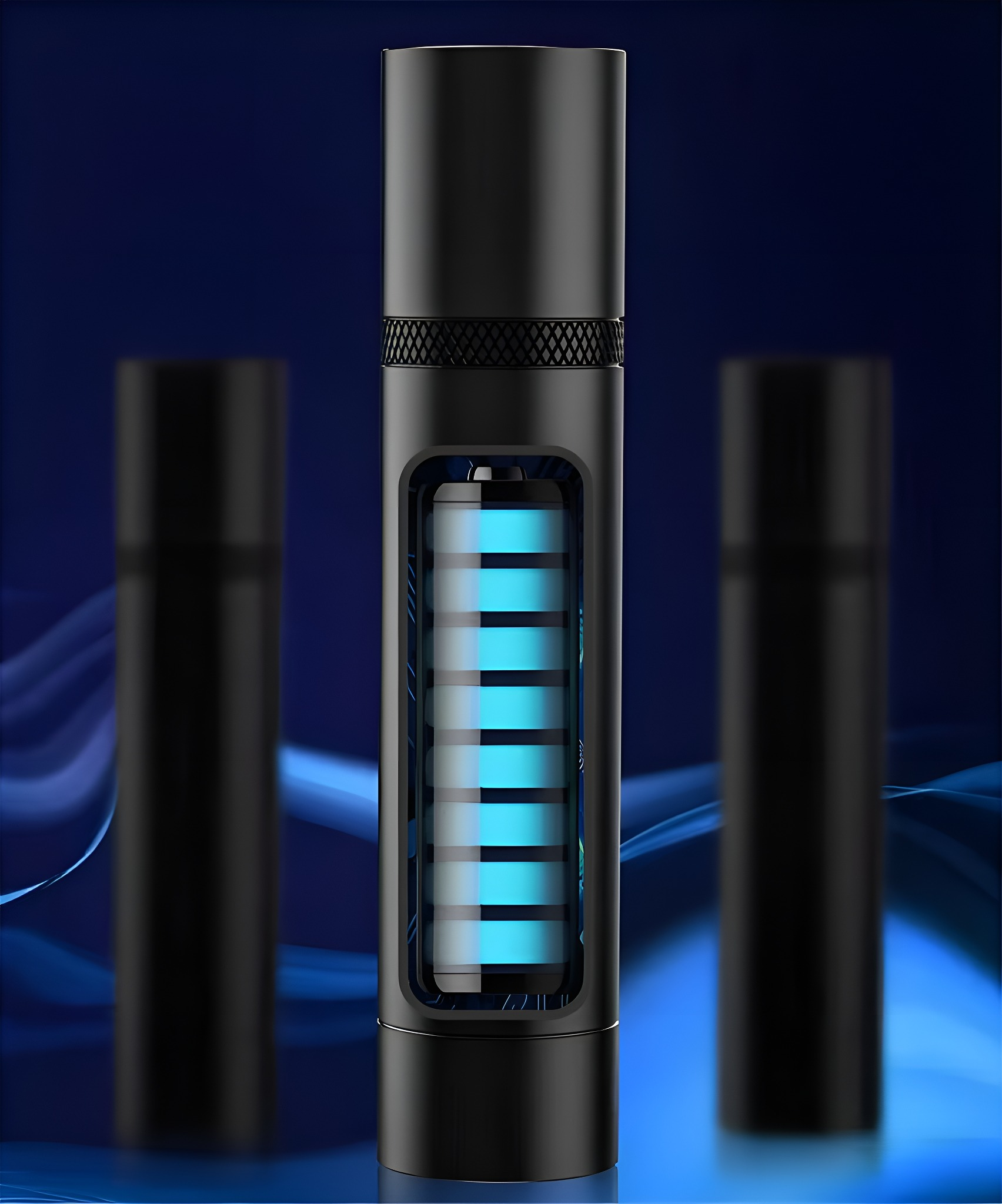 Drei schwarze zylindrische Taschenlampen mit einem Ausschnitt, der den Batteriestand zeigt.