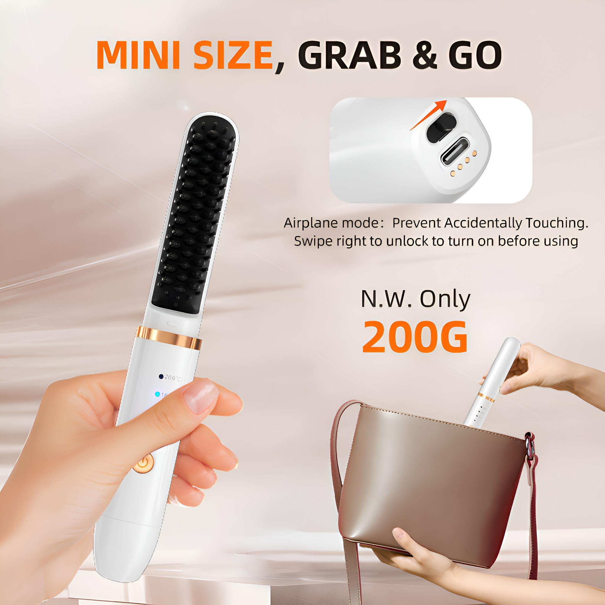 Ein kammartiger Haarglätter und eine kleine Tasche. Text sagt Mini Size, Grab & Go.