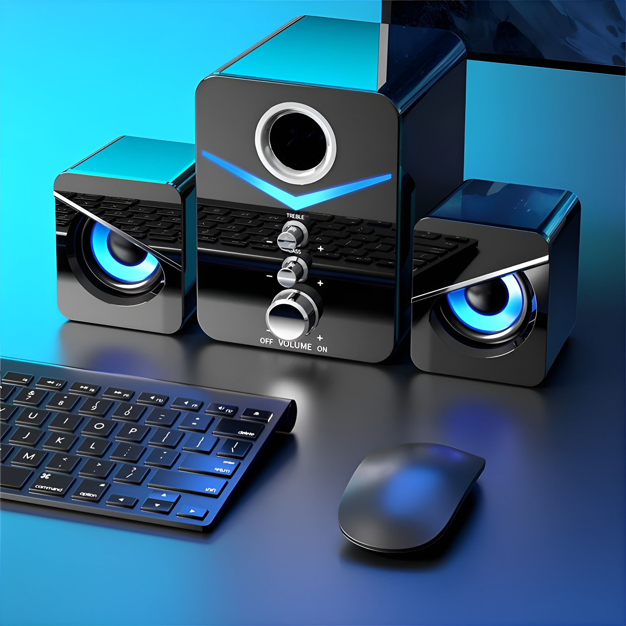 Dreiteiliges Lautsprecherset, schwarz mit blauen Akzenten, sowie Tastatur und Maus auf blauer Fläche.