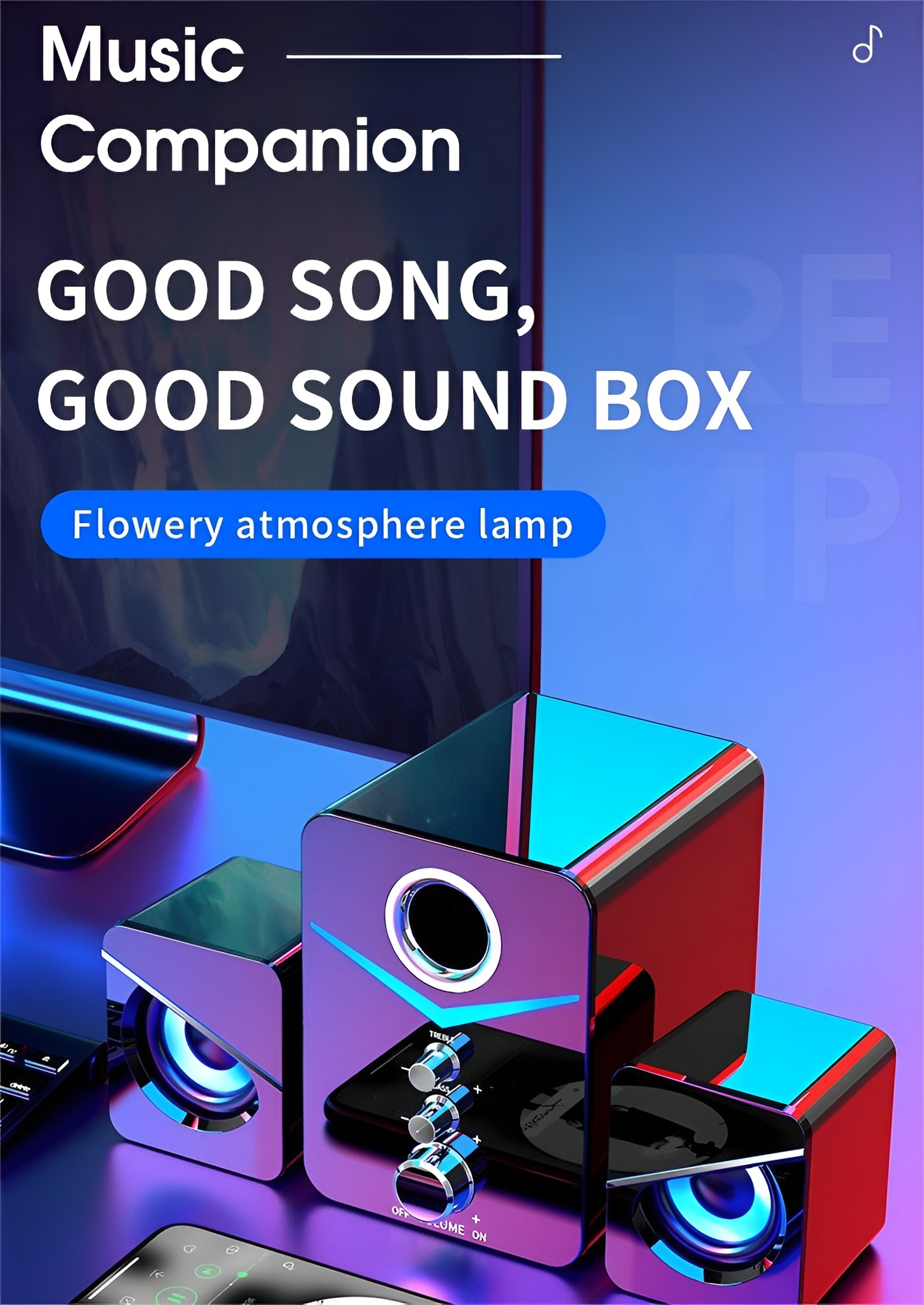 Drei Lautsprecher mit Musikoberfläche und Atmosphärenlampe auf buntem Hintergrund.