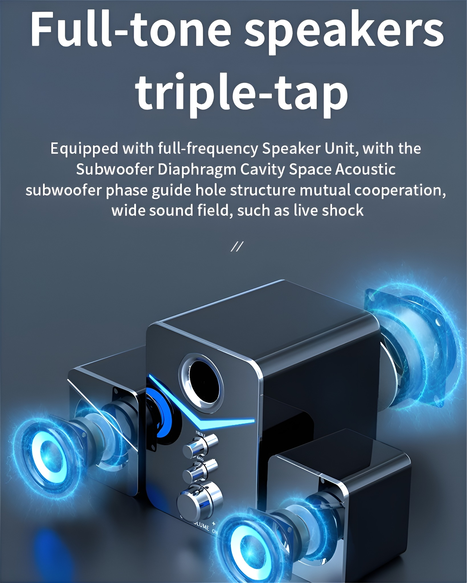Schwarze Lautsprecher mit blauen Lichtern. Die Lautsprecher haben einen Subwoofer und Lautstärkeregler.