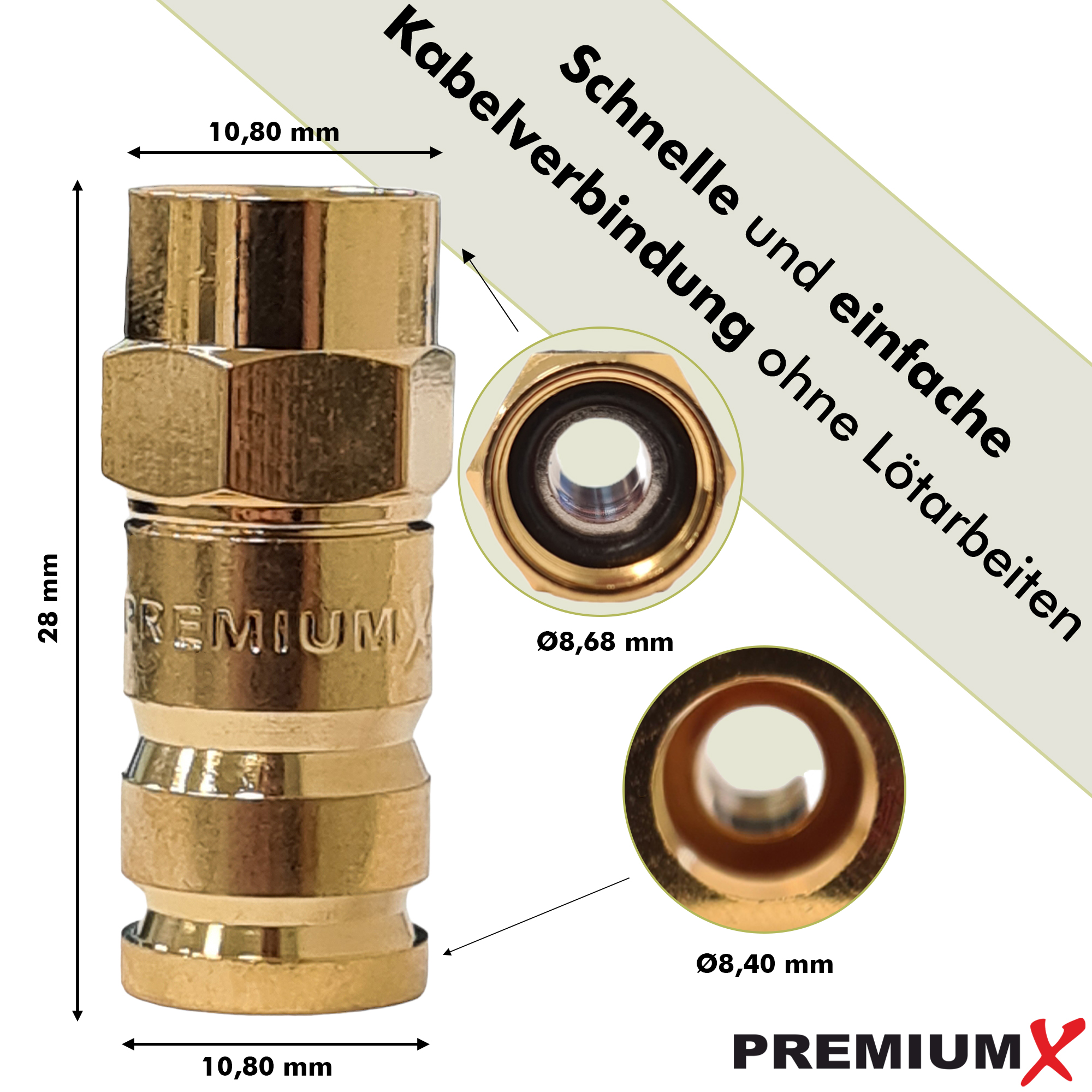 Goldfarbener Koaxialkabelanschluss mit Maßangaben und Nahaufnahme des Inneren.