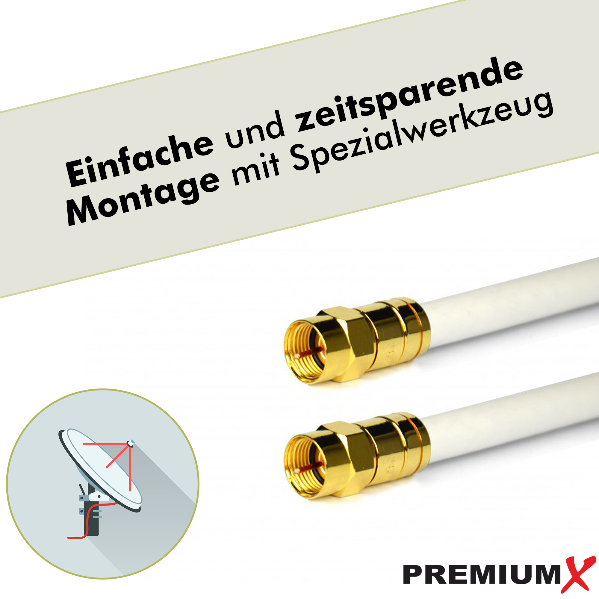 Zwei goldene Stecker an weißem Kabel, Text 'Einfache Montage' und eine Satellitenschüssel.