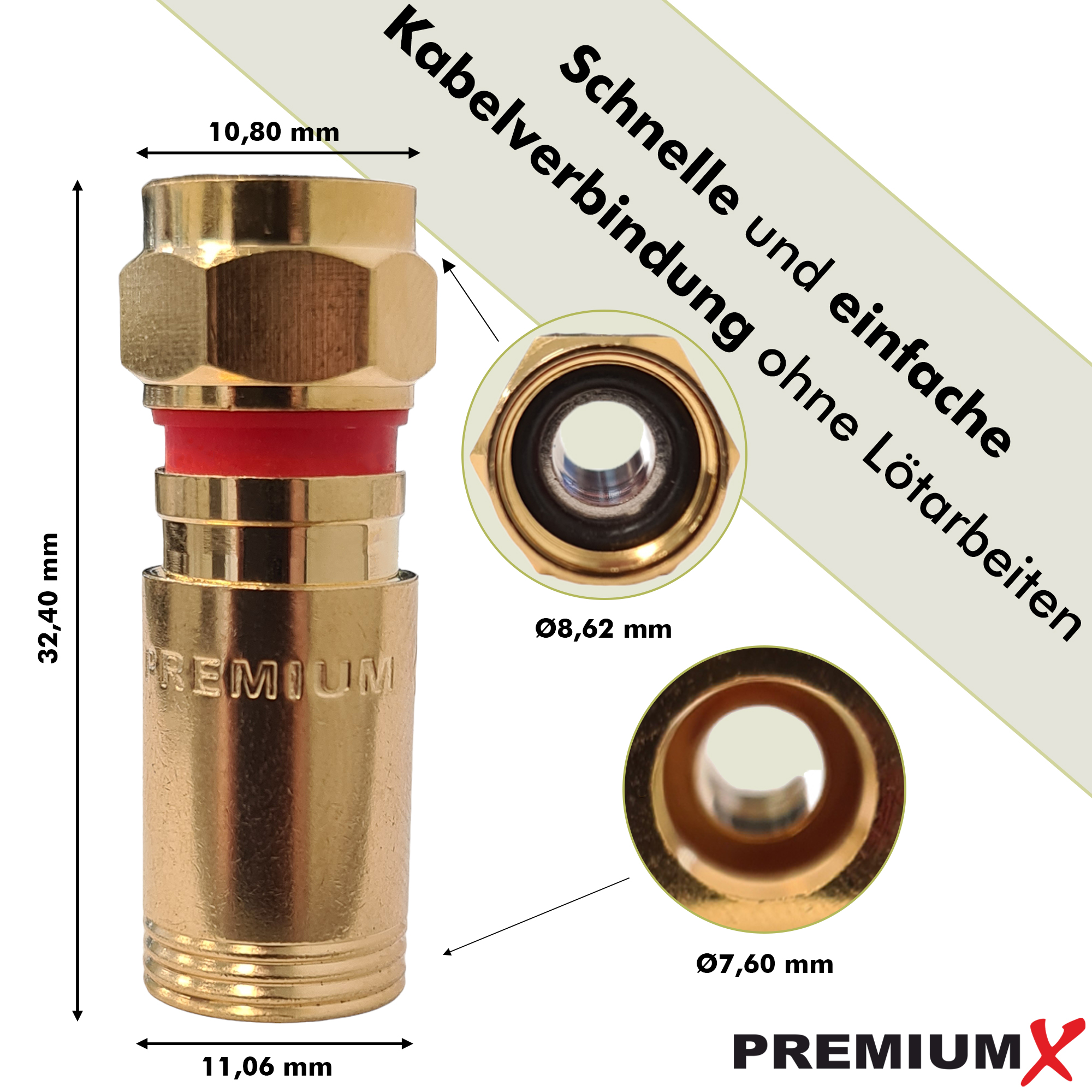 Goldener Stecker mit Maßen und Nahaufnahmen des Inneren, mit deutschem Text.