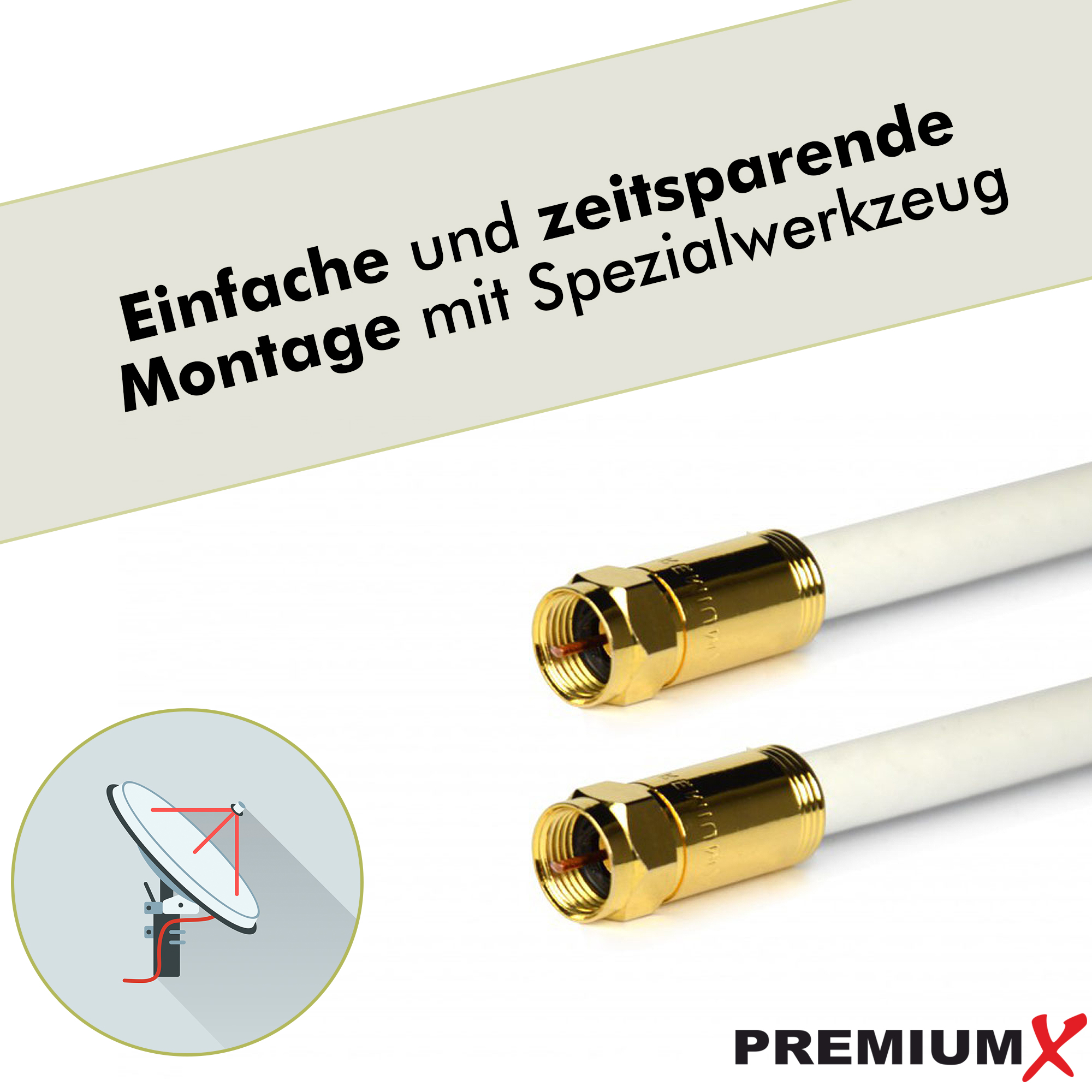 Zwei Koaxialkabelstecker mit goldenen Enden und weißem Kabel, Text auf Deutsch.