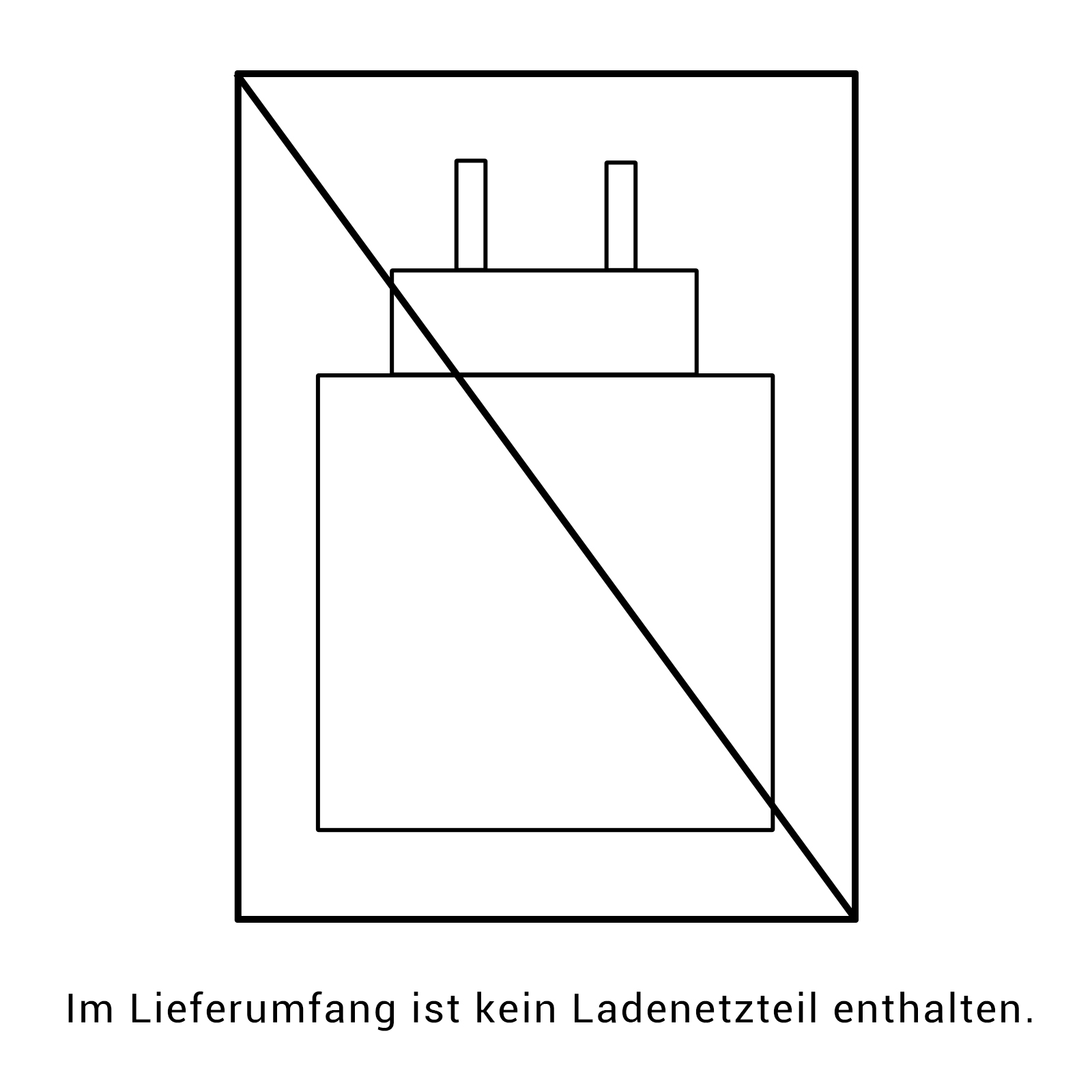 Schwarz-weiße Grafik eines Netzadapters mit diagonaler Linie und Kasten drumherum.