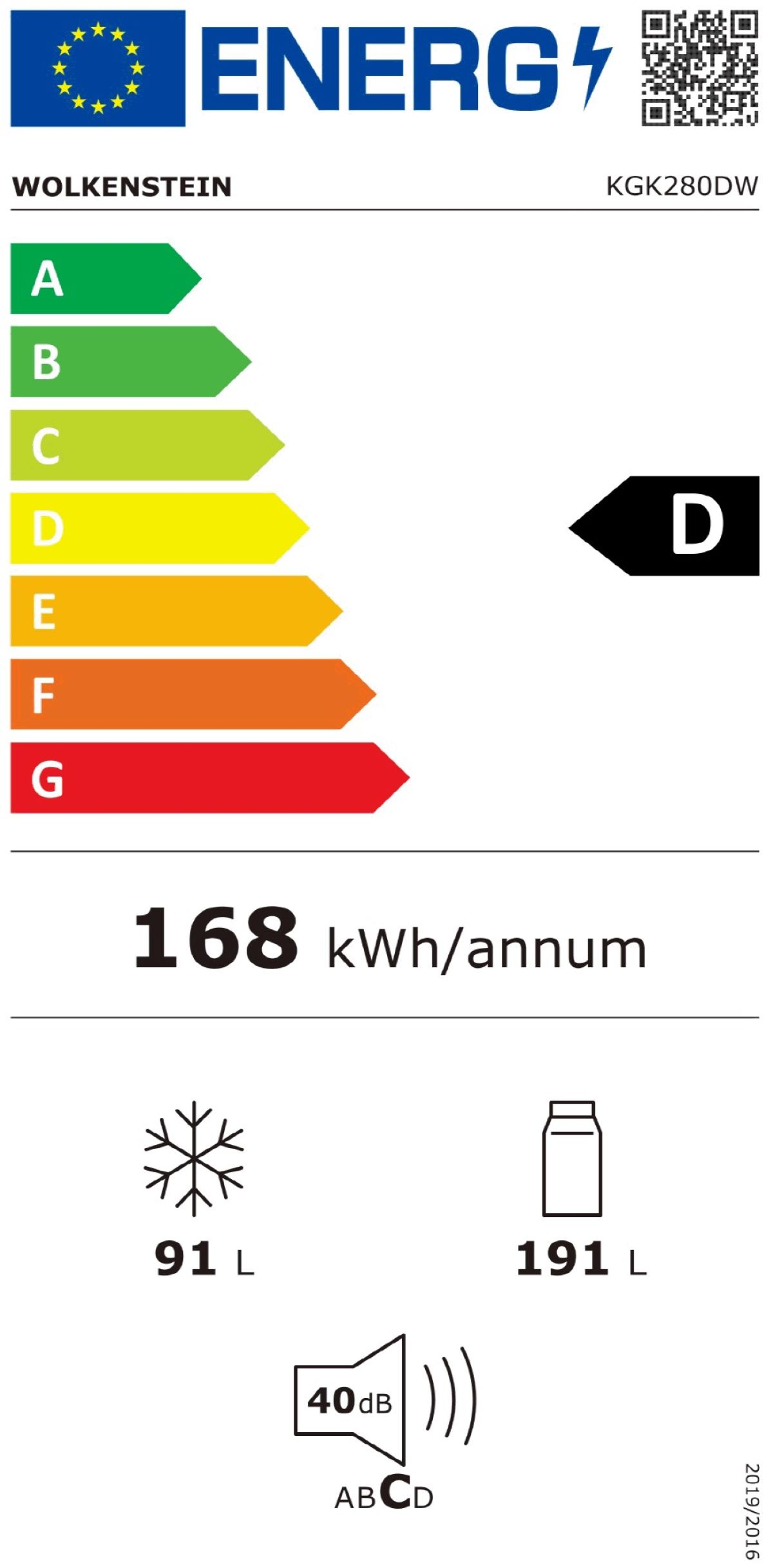 Ein Energieeffizienz-Label mit der Bewertung D, mit verschiedenen Symbolen und Text.