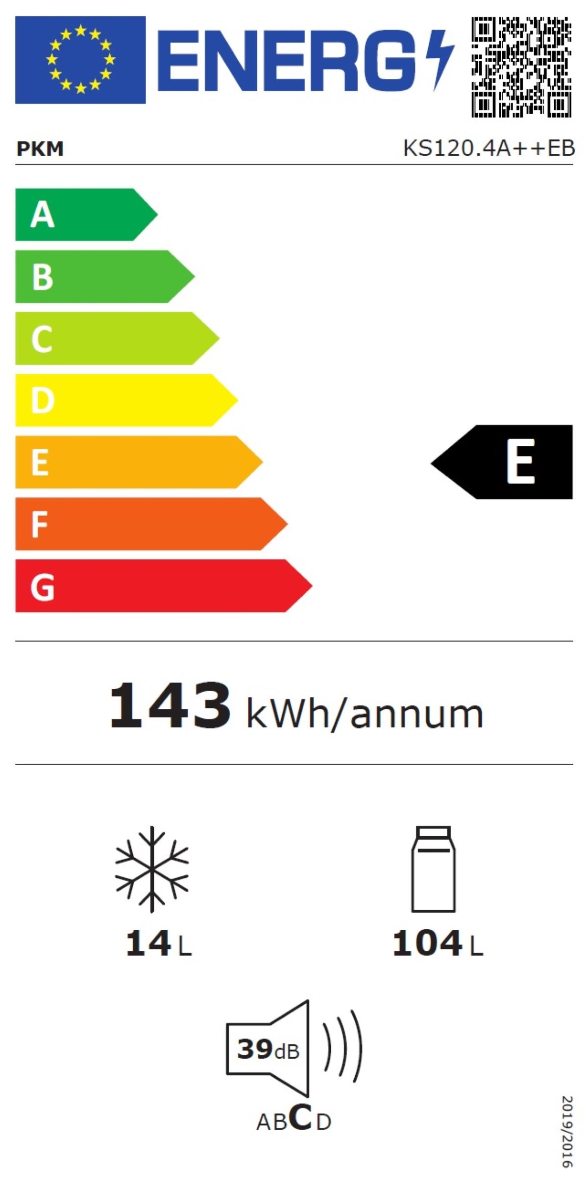 Energielabel für einen Kühlschrank. Es zeigt Energieeffizienzklasse E, 143 kWh/Jahr, 14L, 104L und Geräuschpegel.